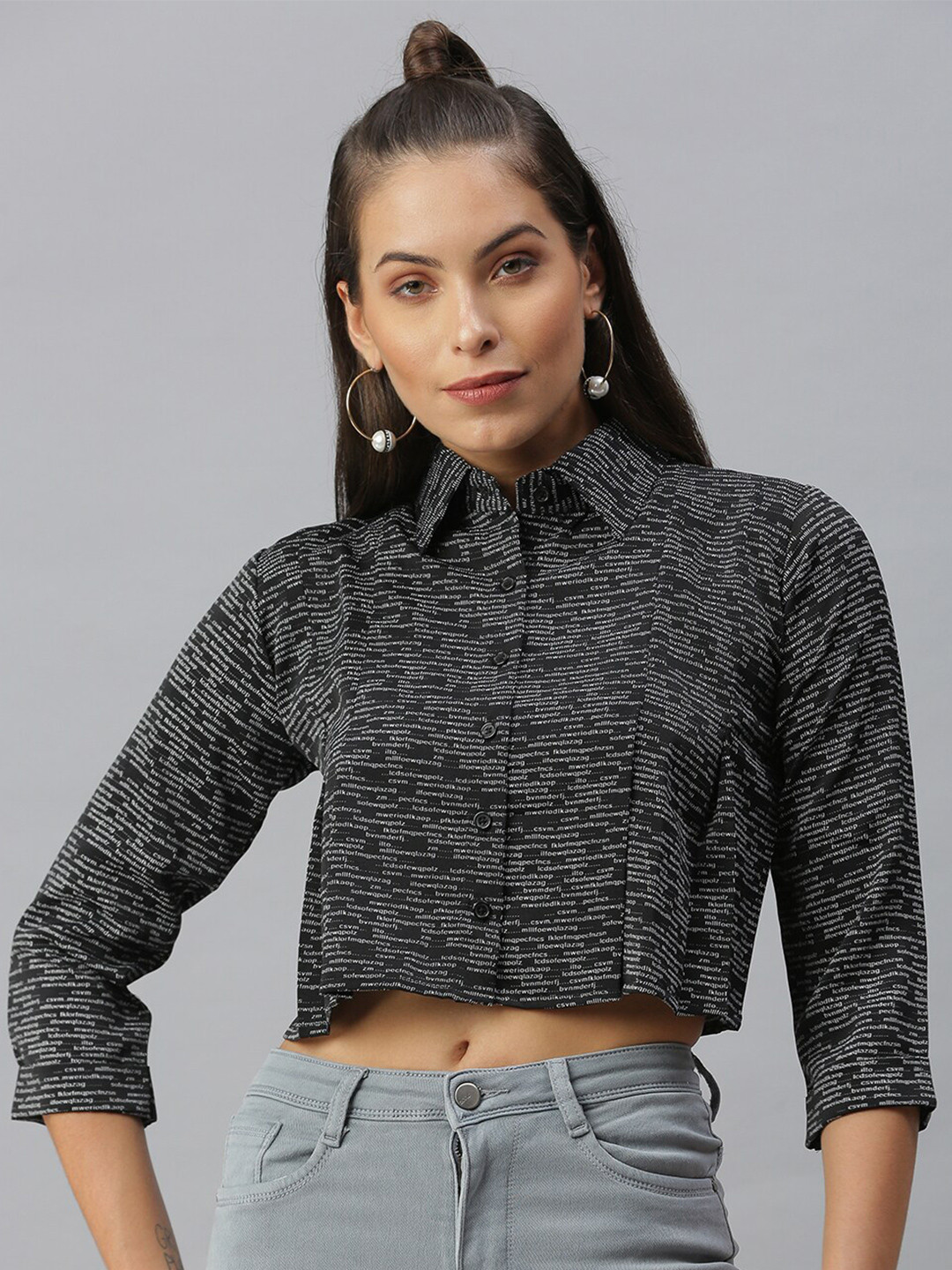 SHOWOFF  Comfort Typography Printed pleated Spread Collar Crop Boxy Casual Shirt