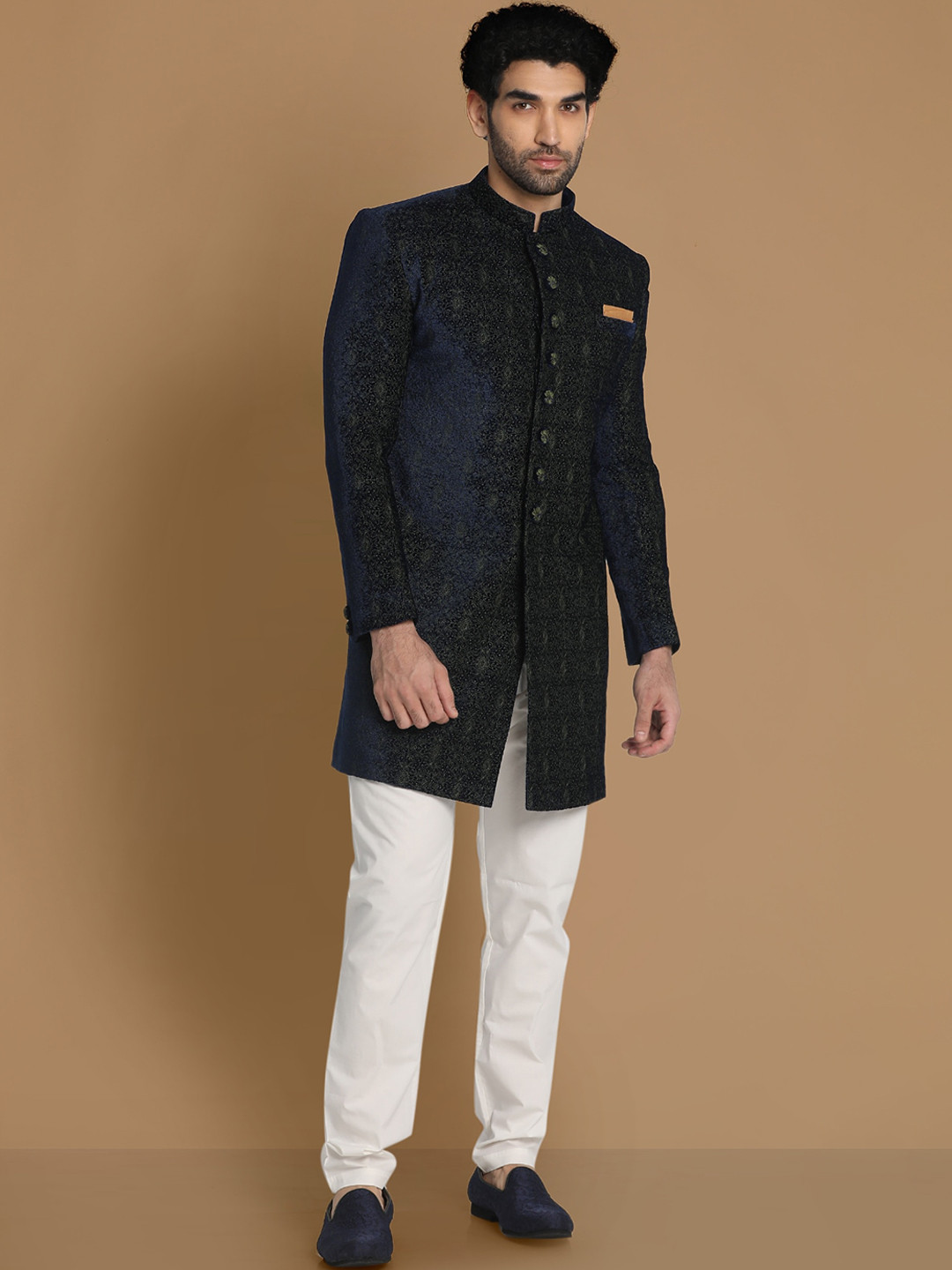 Manyavar Self-Design Velvet Traditional Indo Western Sherwani Set
