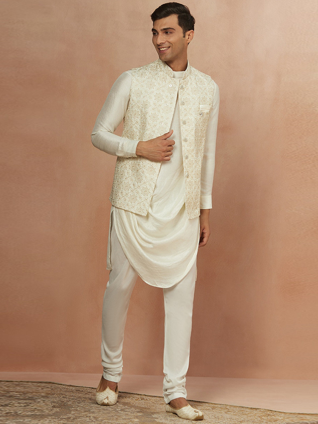 Manyavar Asymmetric Art Silk Angrakha Kurta With Churidar & Nehru Jacket
