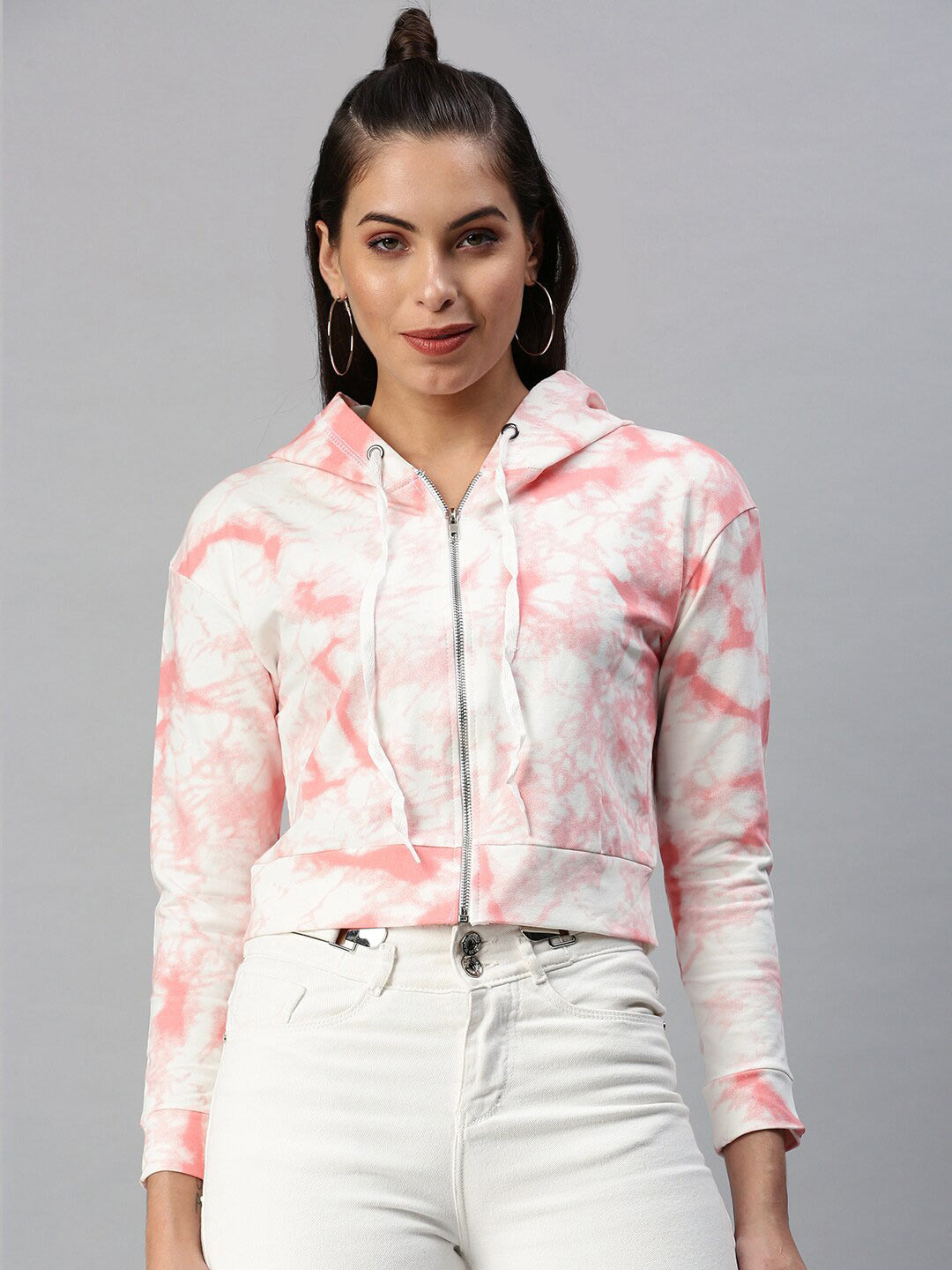 SHOWOFF Tie and Dye Printed Cotton Hooded Crop Sweatshirt