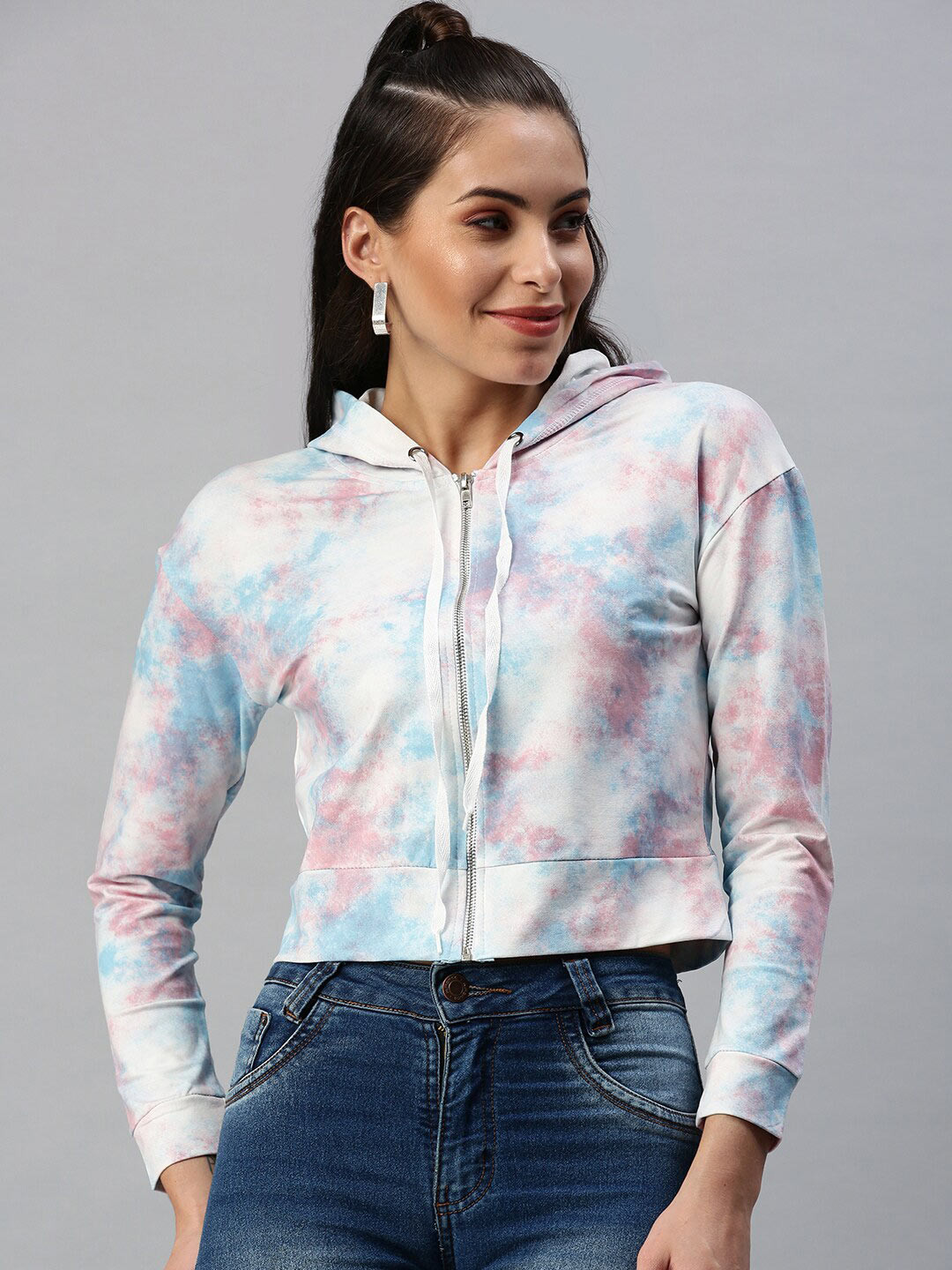 SHOWOFF Printed Hooded Cotton Crop Sweatshirt