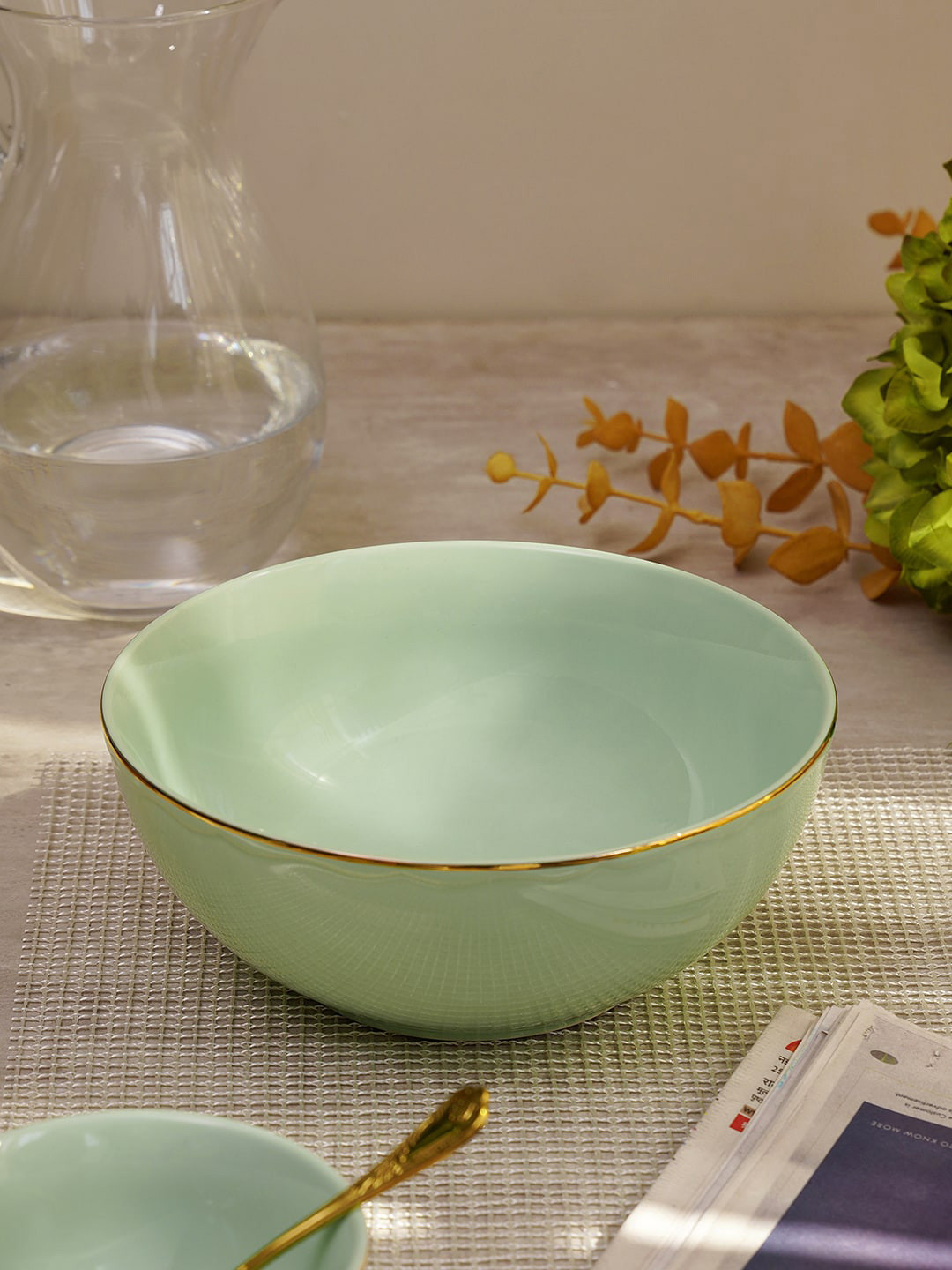 Pure Home and Living Green Porcelain Serving Bowl With Gold Rim