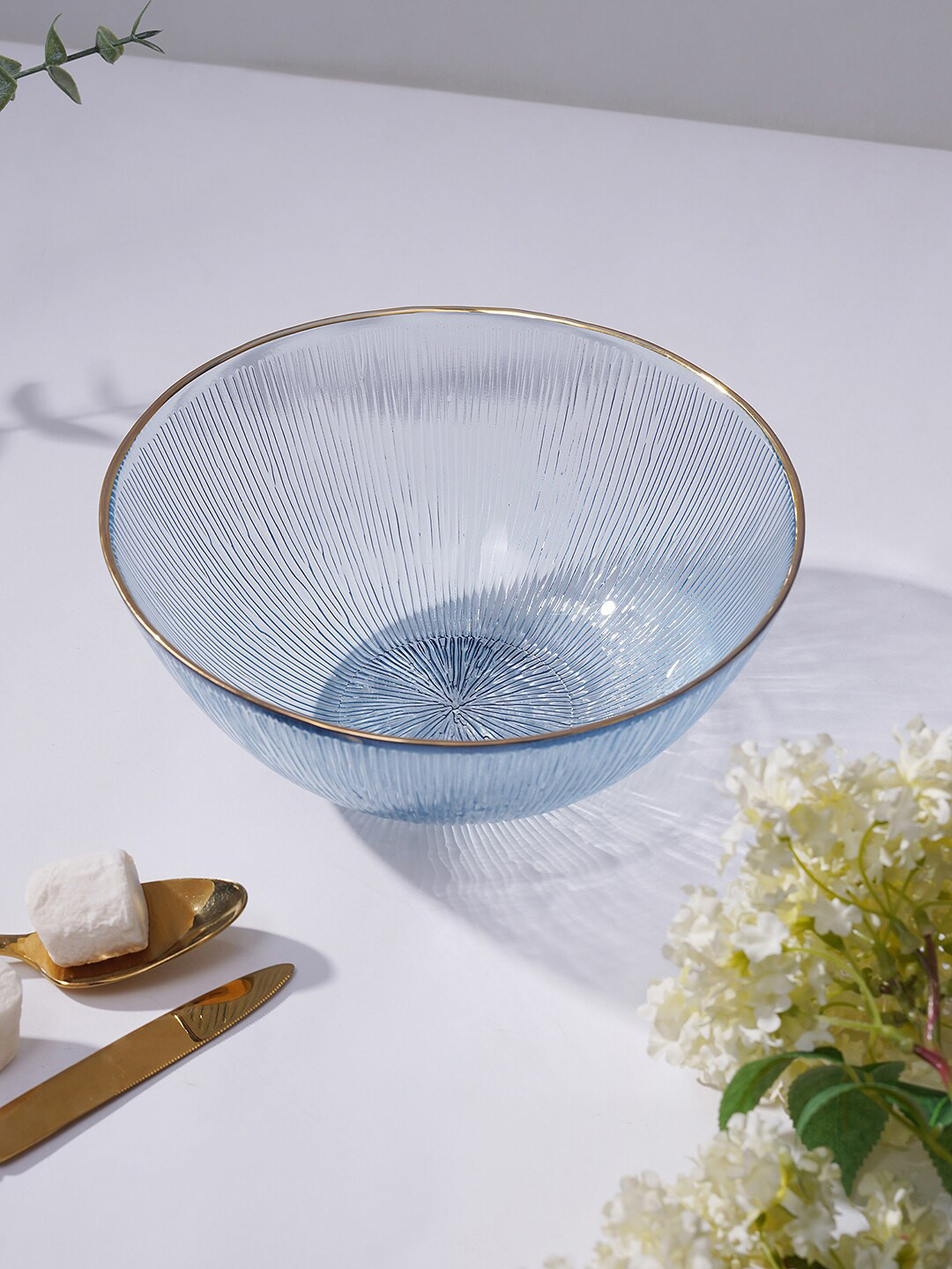 Pure Home and Living Blue Radial Textured Gold-Rim Glass Serving Bowl
