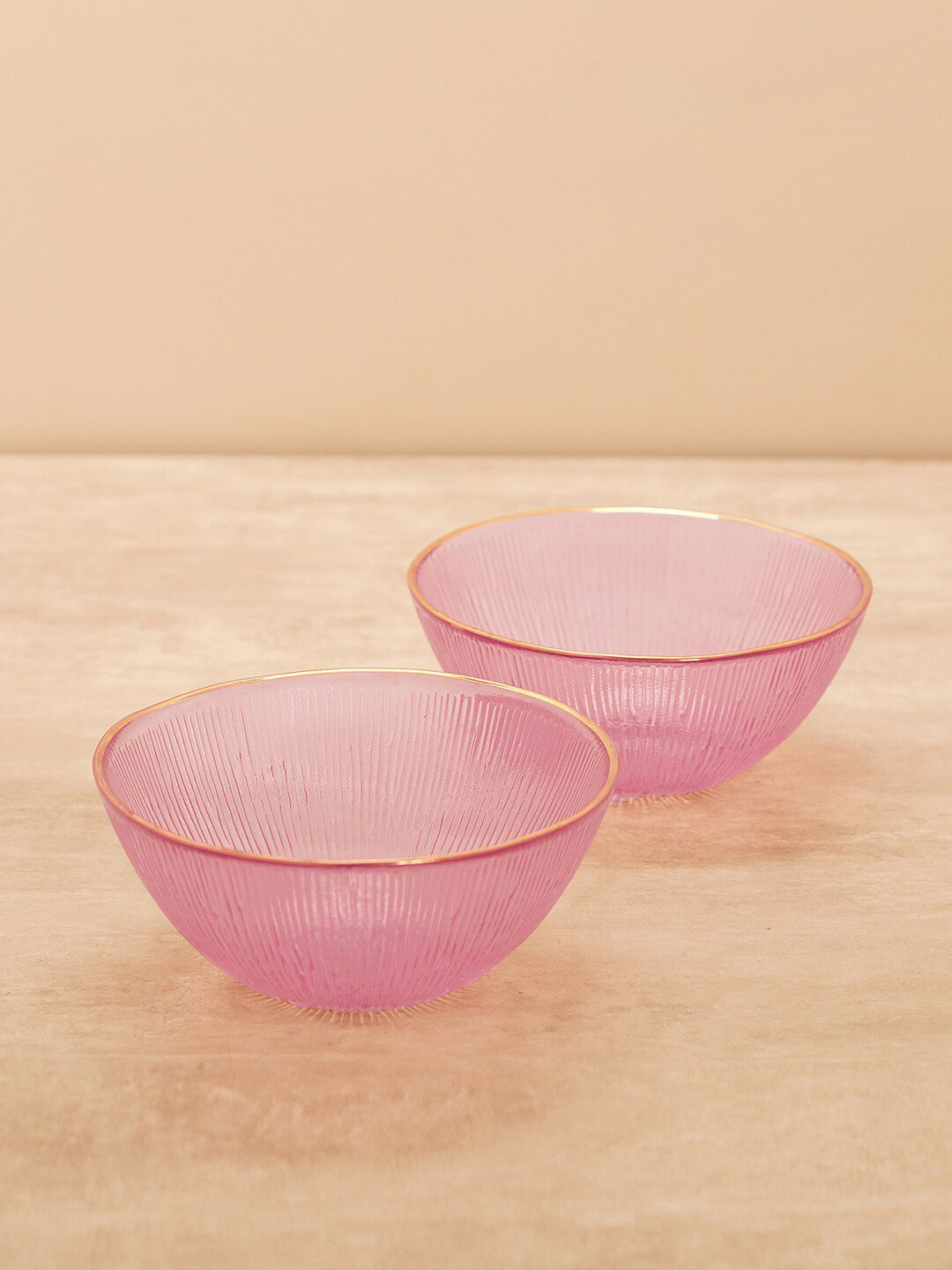 Pure Home and Living Pink 2 Pieces Radial Textured Gold-Rim Glass Serving Bowl