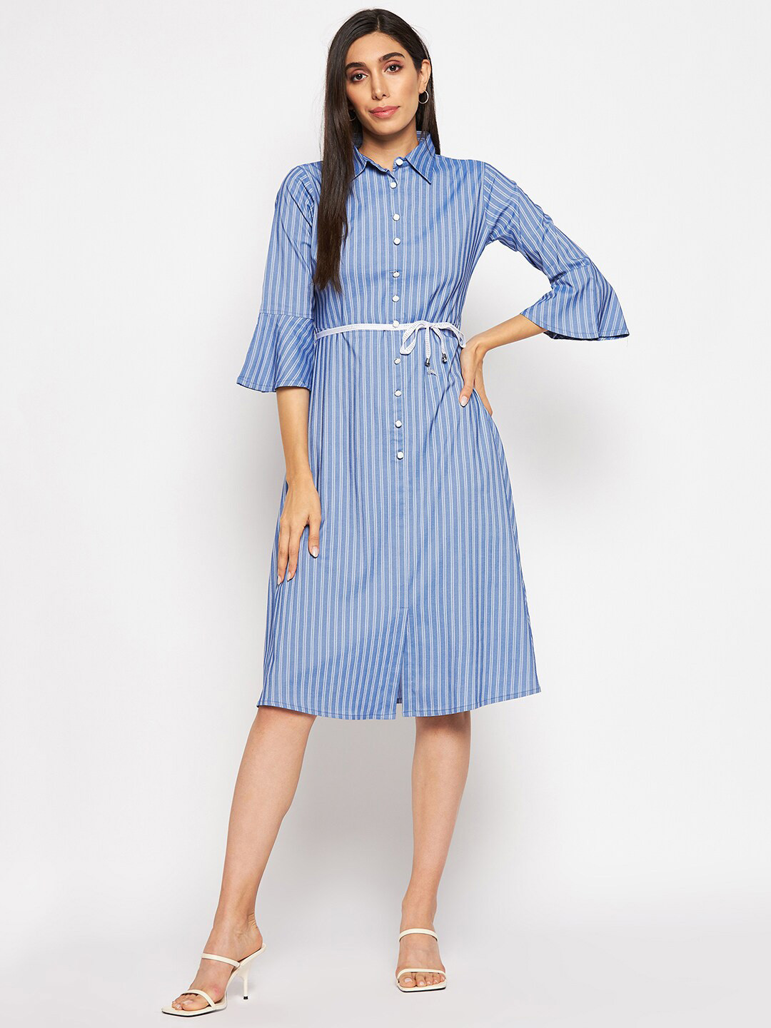 Camey Striped Bell Sleeves Belted Shirt Dress