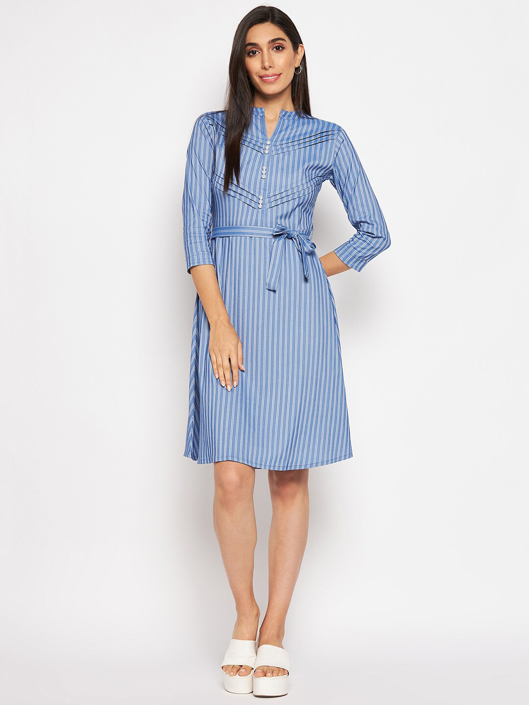 Camey Striped Mandarin Collar Belted Cotton Fit & Flare Dress
