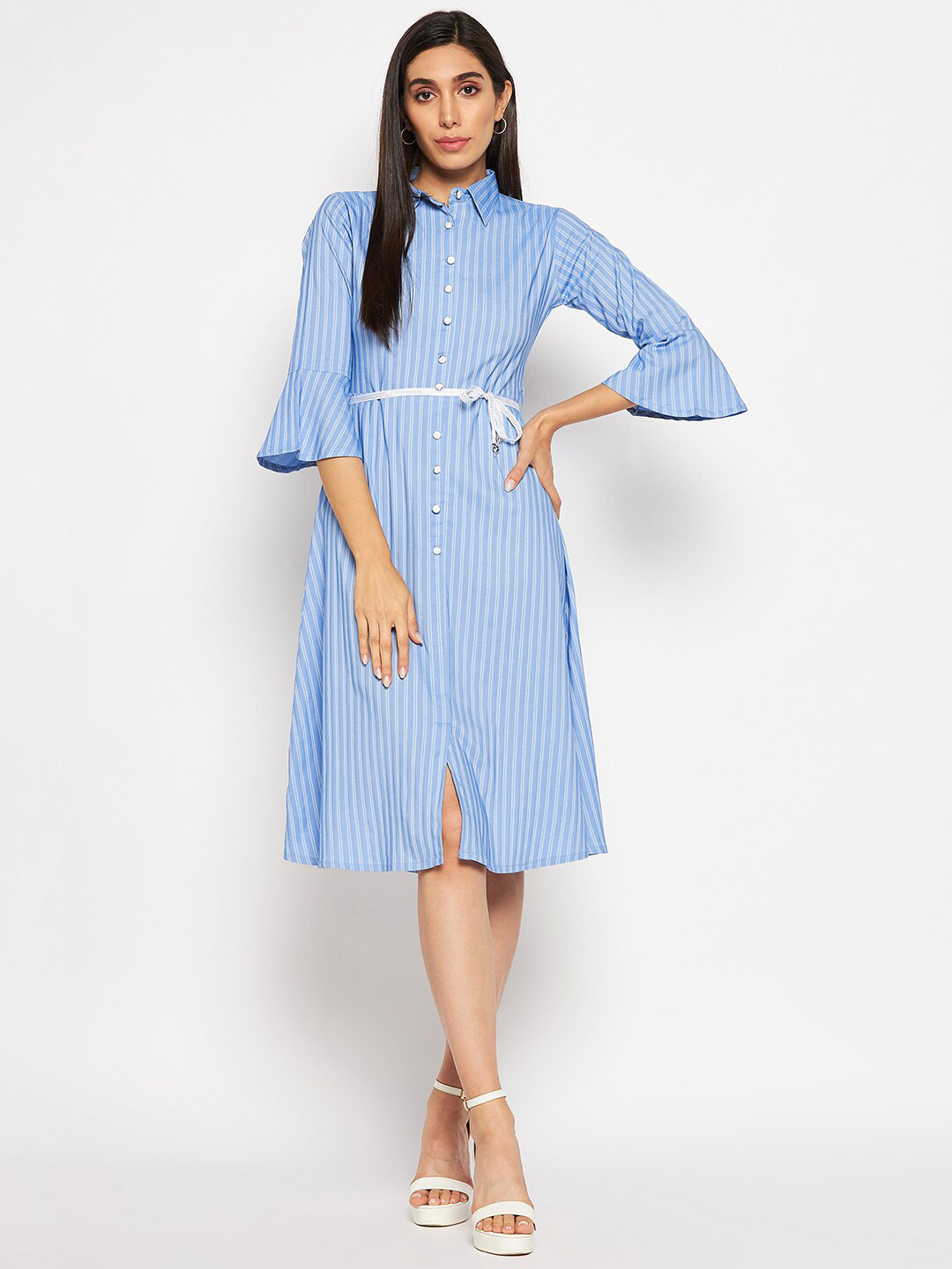 Camey Striped Bell Sleeves Belted Shirt Dress