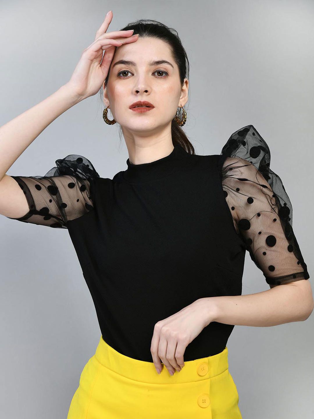 IUGA High Neck Puff Sleeves Power Shoulder Top
