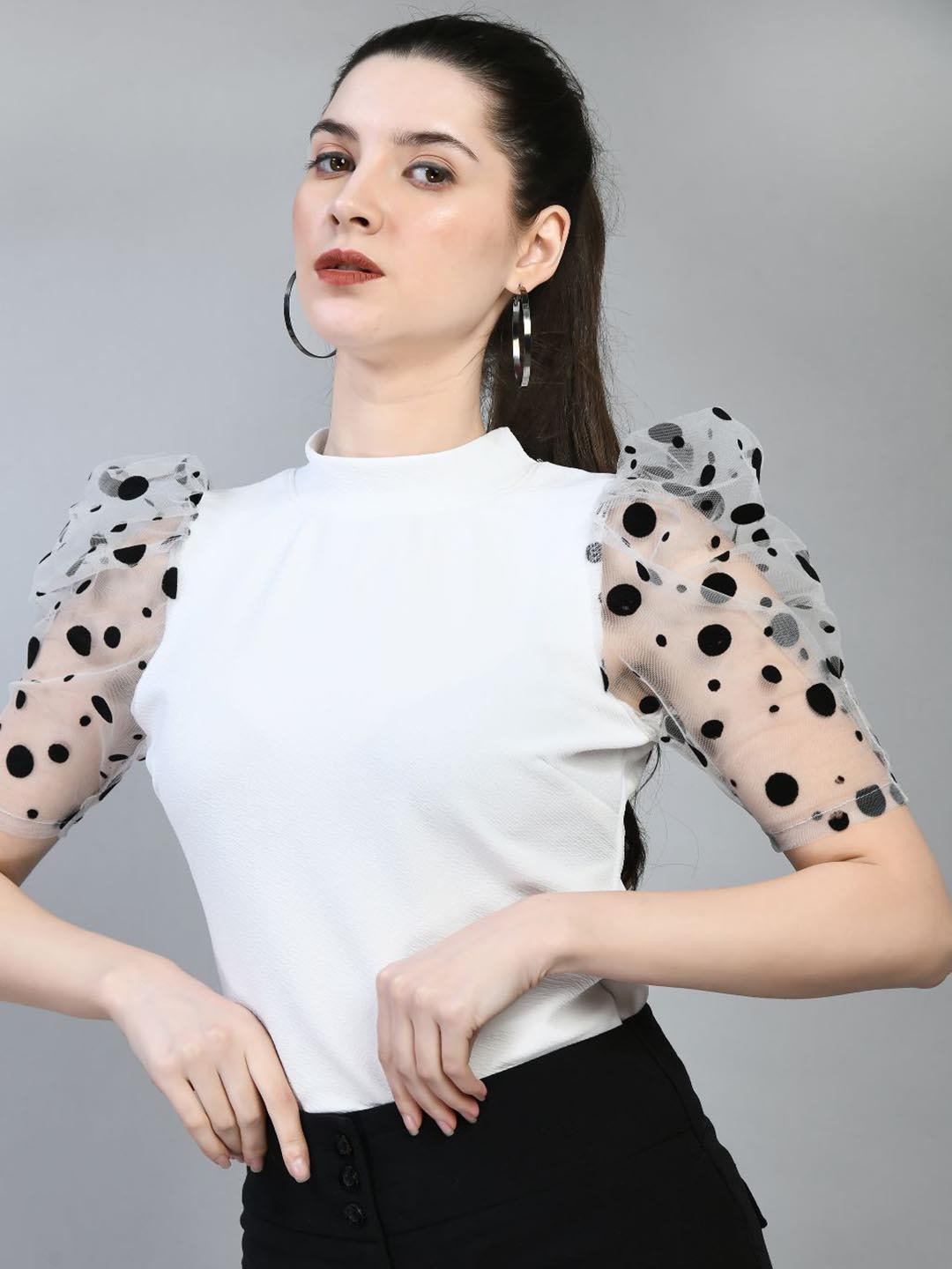 White High Neck Puff Sleeves Polka Dots Top