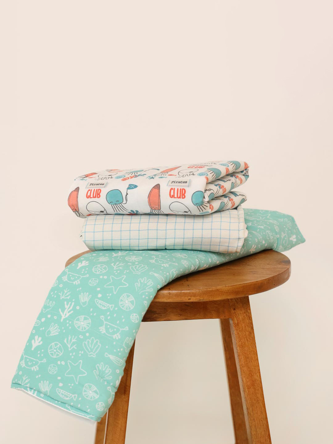 TIDY SLEEP Infants Blue & White 3 Pieces Printed Cotton Nappy Changing Mats