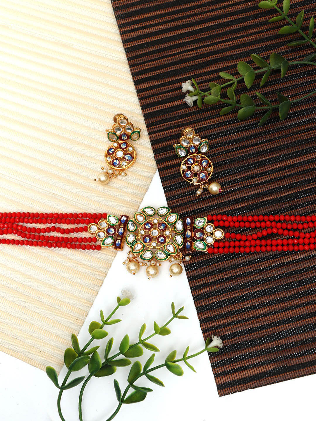 Ozanoo Gold-Plated Kundan Studded Beaded Meenakari Brass Jewellery Set