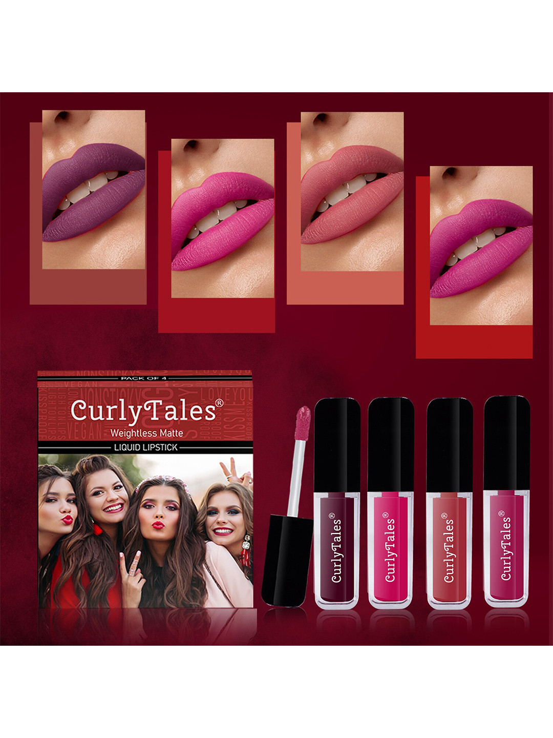 CurlyTales Set Of 4 Weightless Matte Full Coverage Liquid Lipsticks - 15, 05, 06, 12