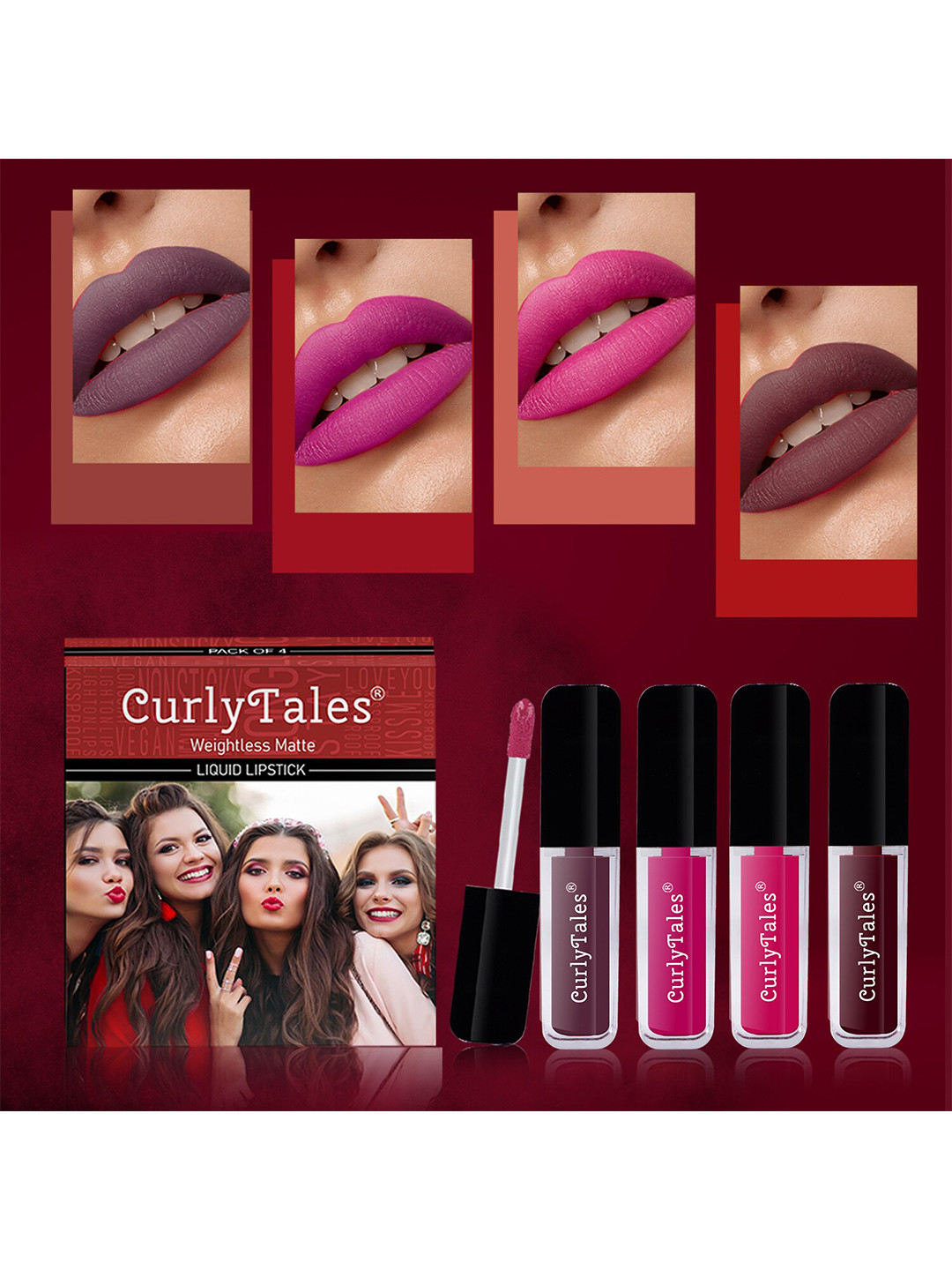CurlyTales Set Of 4 Weightless Matte Long Lasting Liquid Lipstick 3 ml Each - Light Purple 01 - Magenta 04 - Magenta Pink 05 - Wine 13