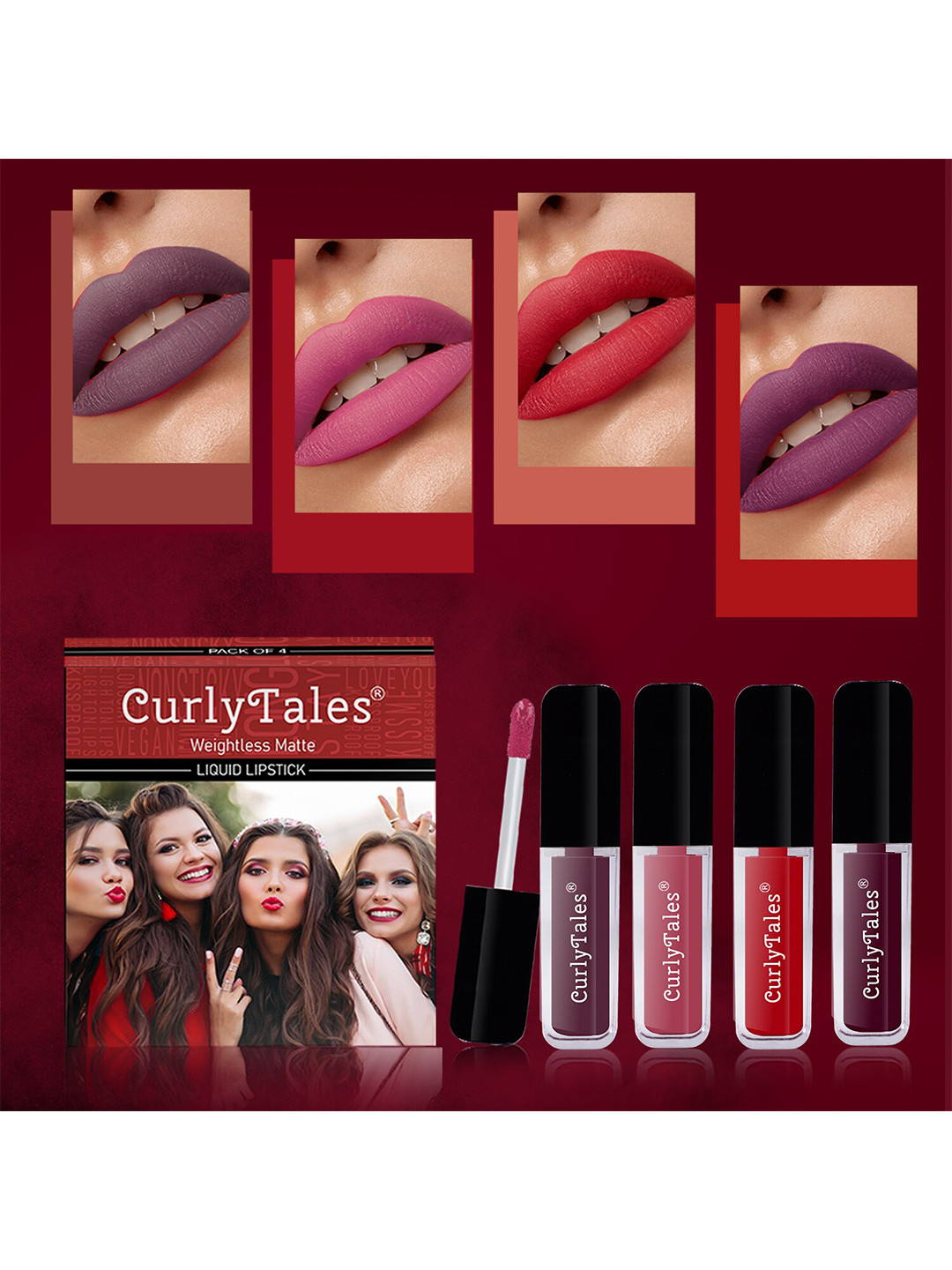 CurlyTales Set Of 4 Weightless Matte Liquid Lipsticks - 3 ml Each - Light Purple 01 - Peach 10 - Red 11 & Wine 15