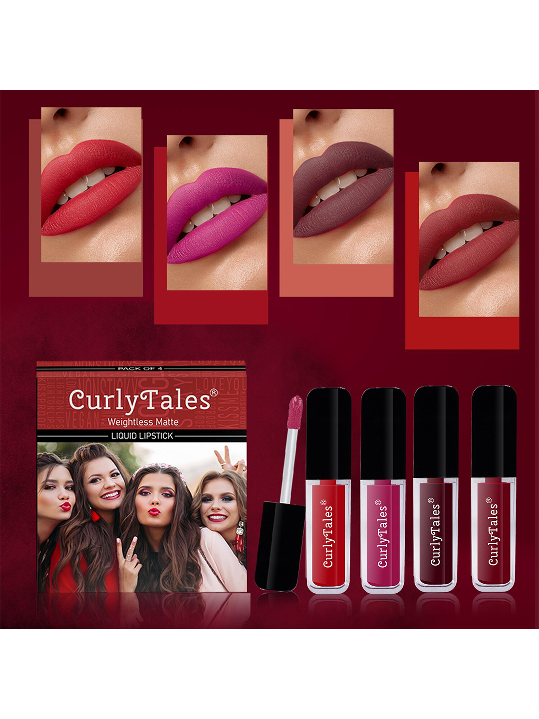 CurlyTales Set of 4 Lightweight & Waterproof True Matte Liquid Lipsticks 3 ml Each-Red 11 - Pink 12 - Wine 13 - Maroon 14