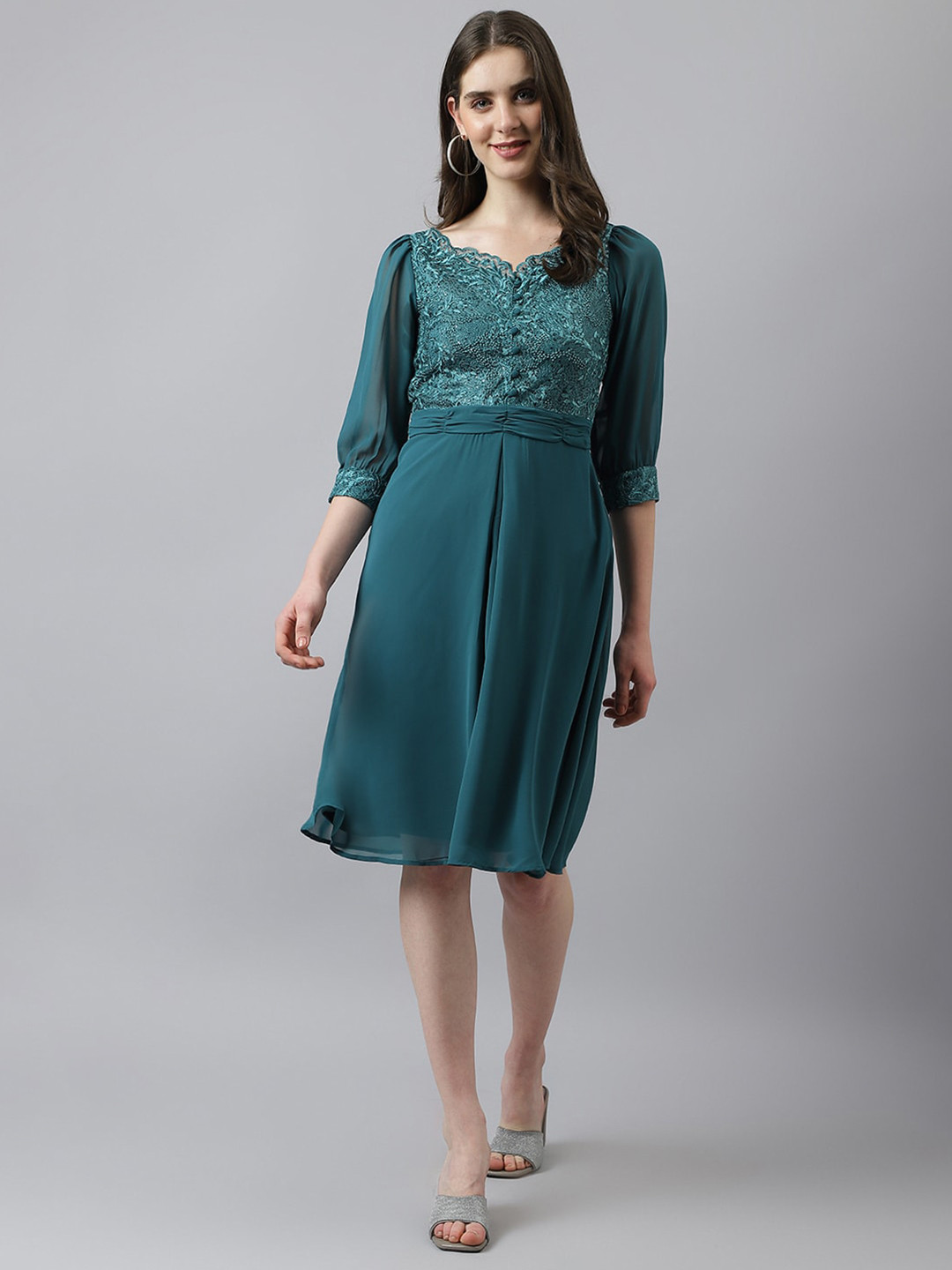 Latin Quarters V-Neck Puff Sleeve Texture Fit & Flare Dress