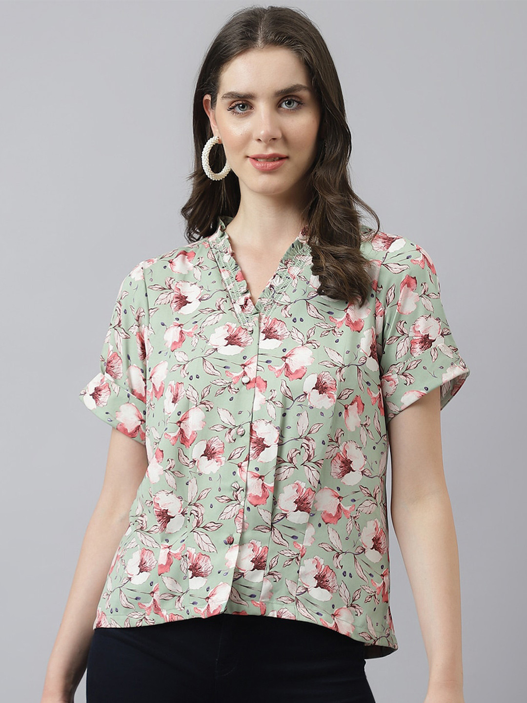 Latin Quarters Floral Print V-Neck Shirt Style Top