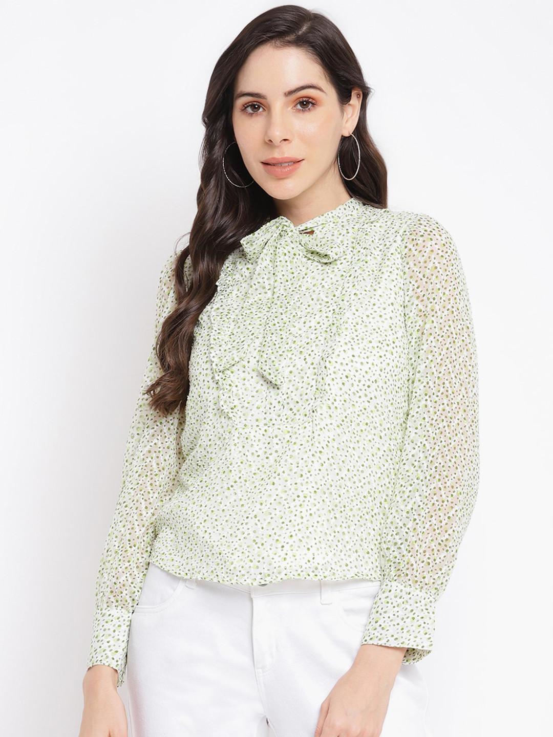 Latin Quarters Printed Tie-Up Neck Shirt Style Top