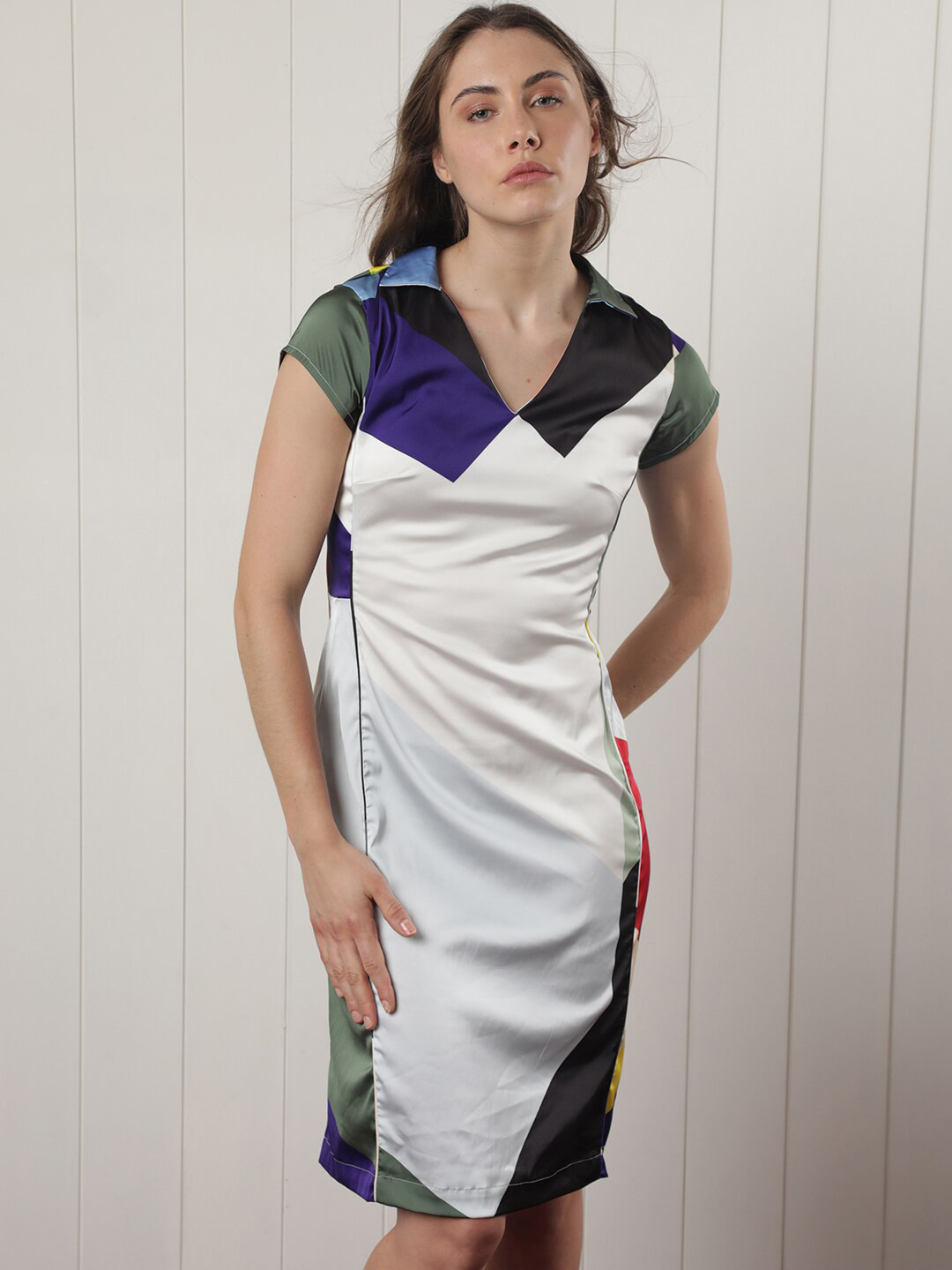 RAREISM Colourblocked Shirt Collar Sheath Dress