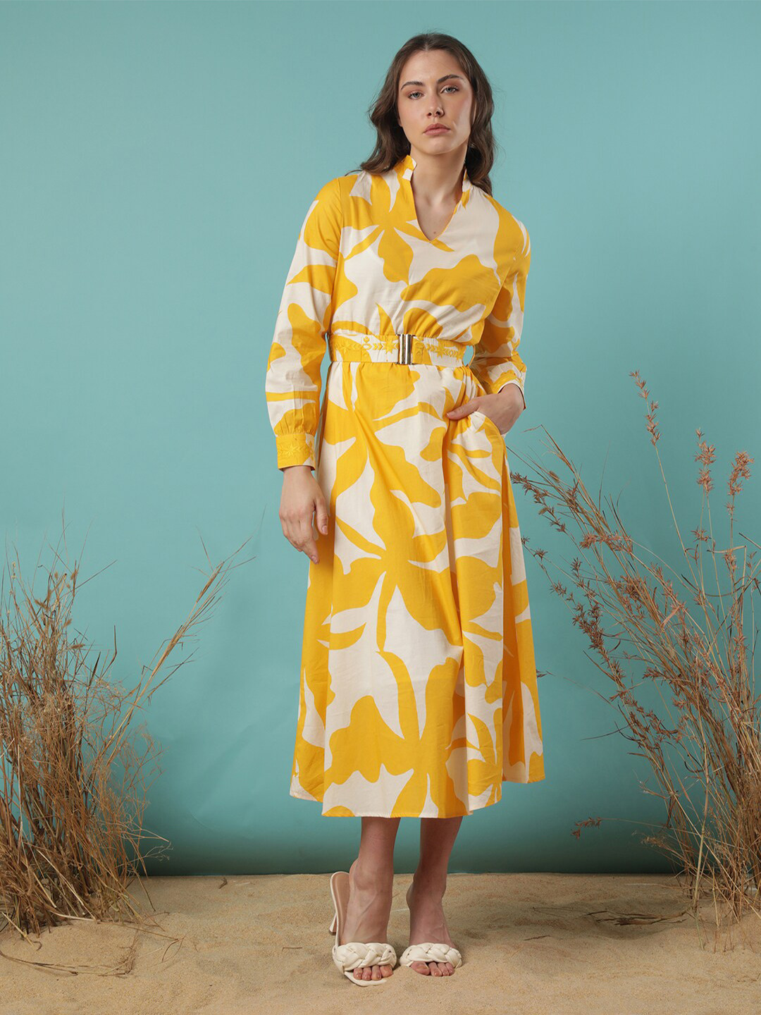 RAREISM V-Neck Abstract Printed A-Line Cotton Midi Dress With Belt