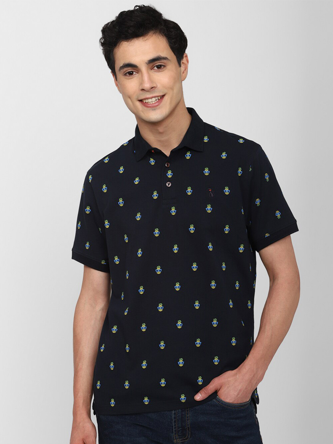 SIMON CARTER LONDON Ditsy Fruit Printed Polo Collar Cotton Slim Fit T-shirt