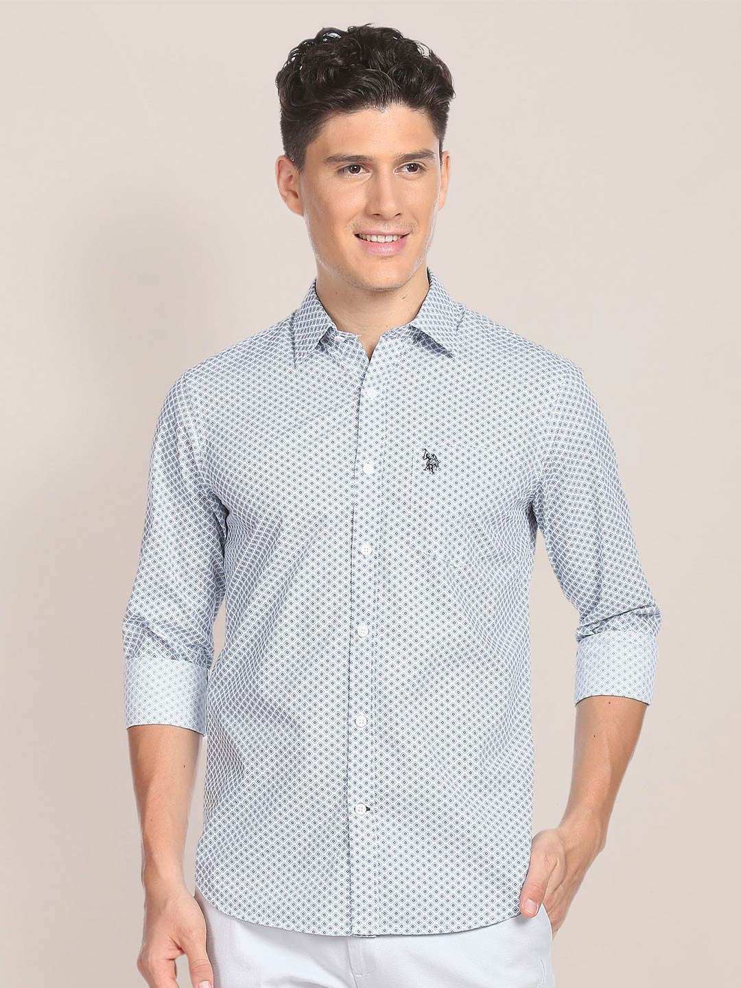 U.S. Polo Assn. Rounded Cuff Geometric Print Pure Cotton Shirt