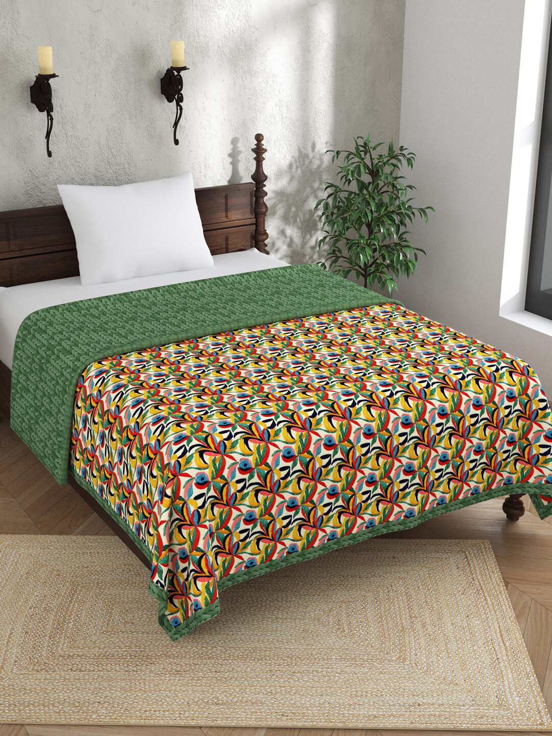 EverHOME Green & Yellow Floral Embroidered Reversible 120 GSM Cotton Single Bed Dohar
