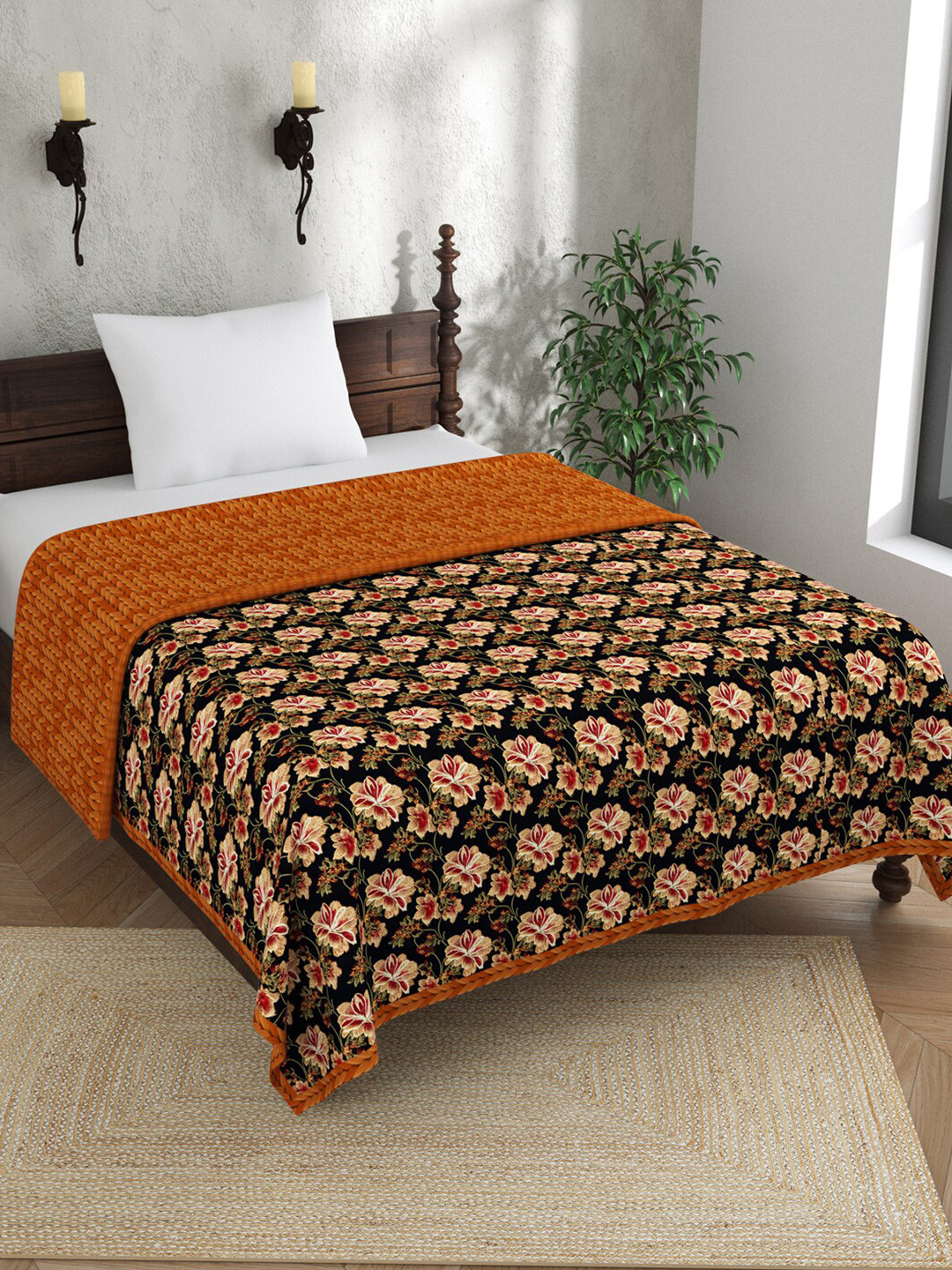 EverHOME Brown & Black Floral Embroidered Reversible 120 GSM Pure Cotton Single Bed Dohar