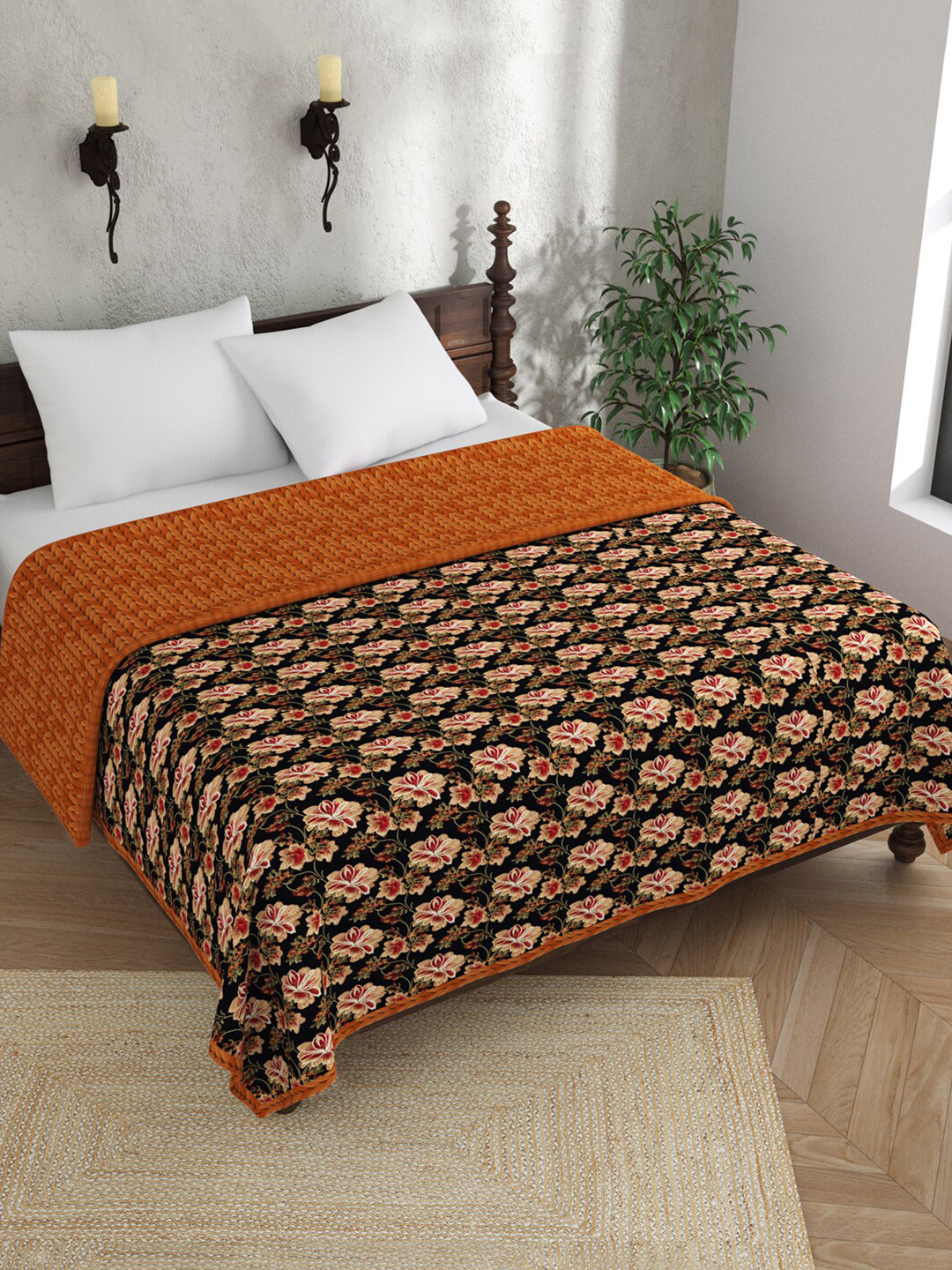 EverHOME Brown & Black Floral Embroidered Reversible 120 GSM Pure Cotton Double Bed Dohar