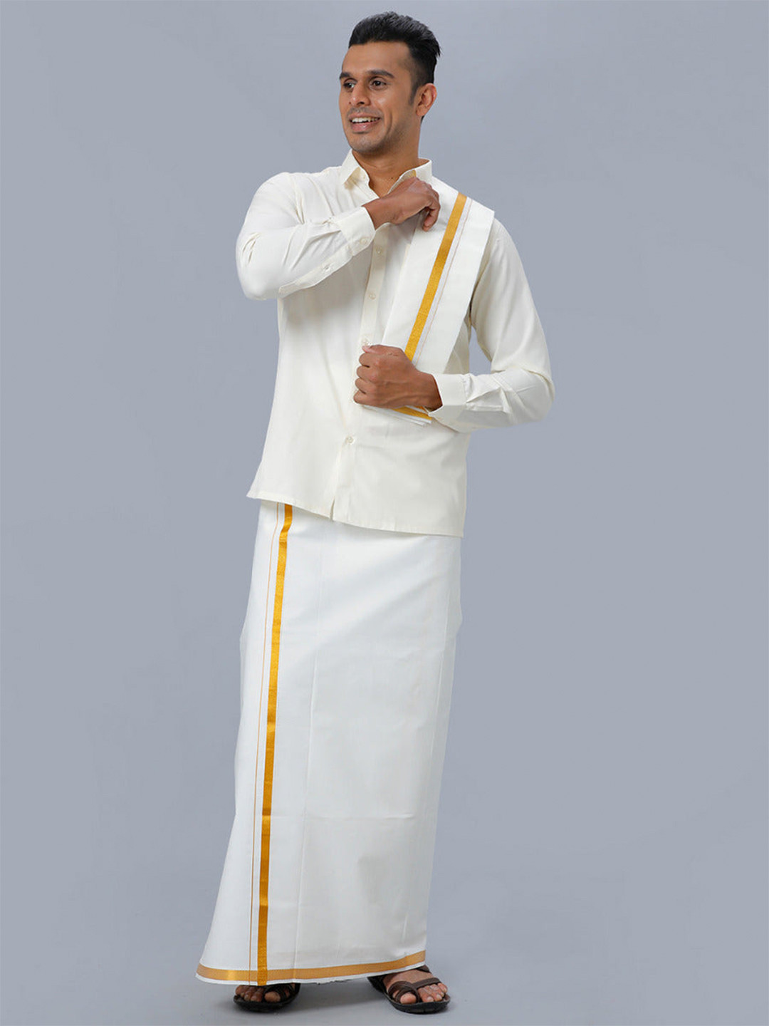 Ramraj Men Pure Cotton Long Sleeves Shirt and Dhoti with Angavastram and Belt Set