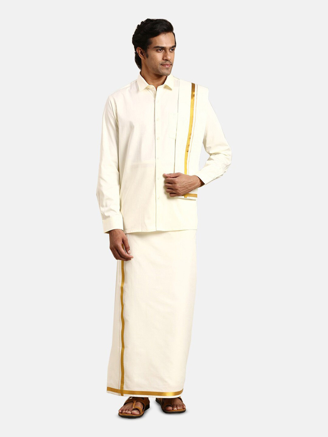 Ramraj Men Pure Cotton Long Sleeves Shirt and Dhoti with Angavastram and Belt Set