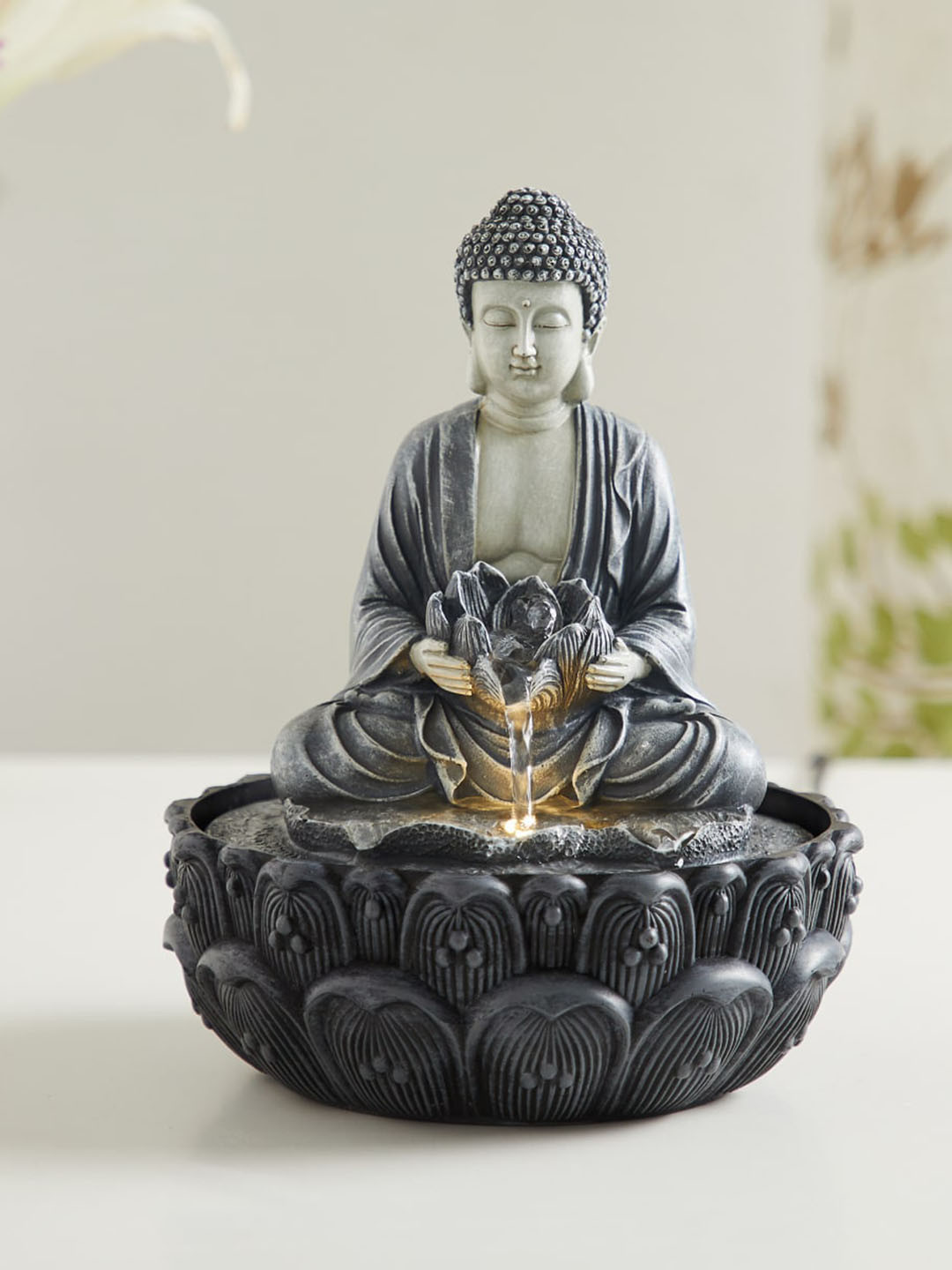 Home Centre Alpine Grey & Black Buddha & Lotus Water Fountain