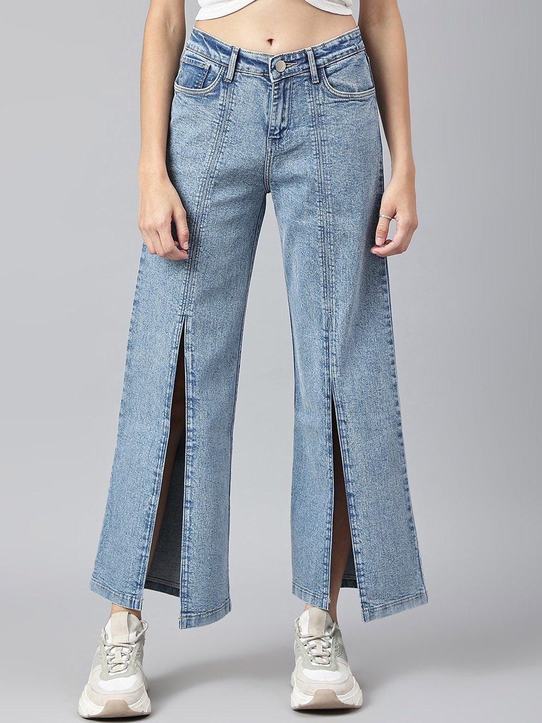 Xpose Women Blue Comfort Wide Leg High-Rise Front Slit Stretchable Jeans