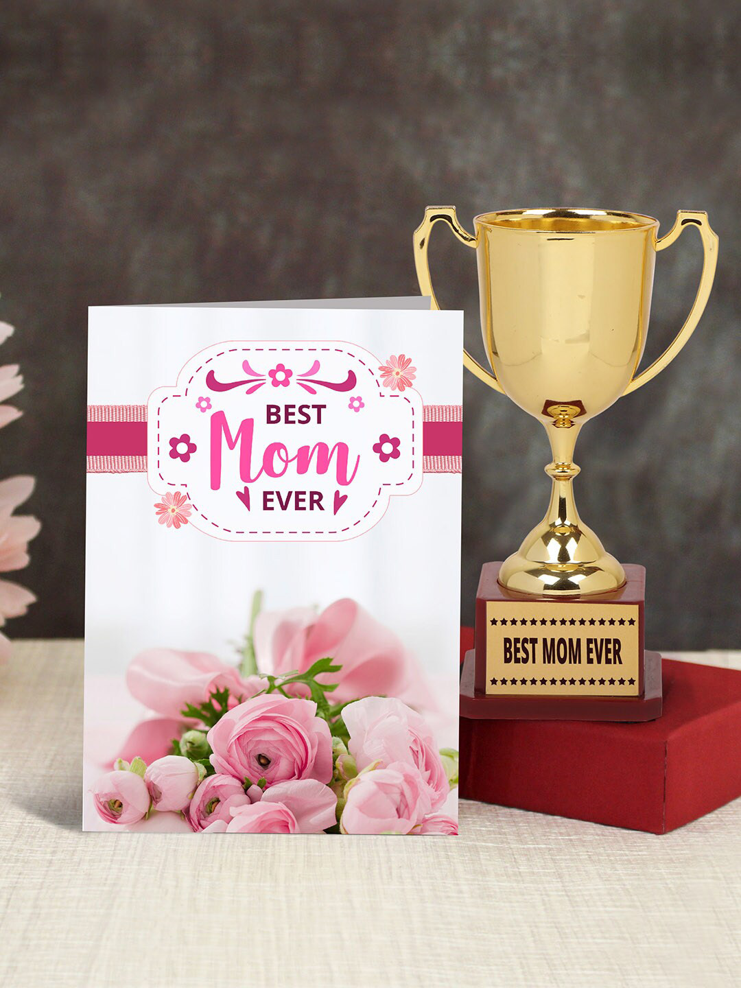 TIED RIBBONS Mothers Day Gift Pack White & Pink Greeting Card With Trophy