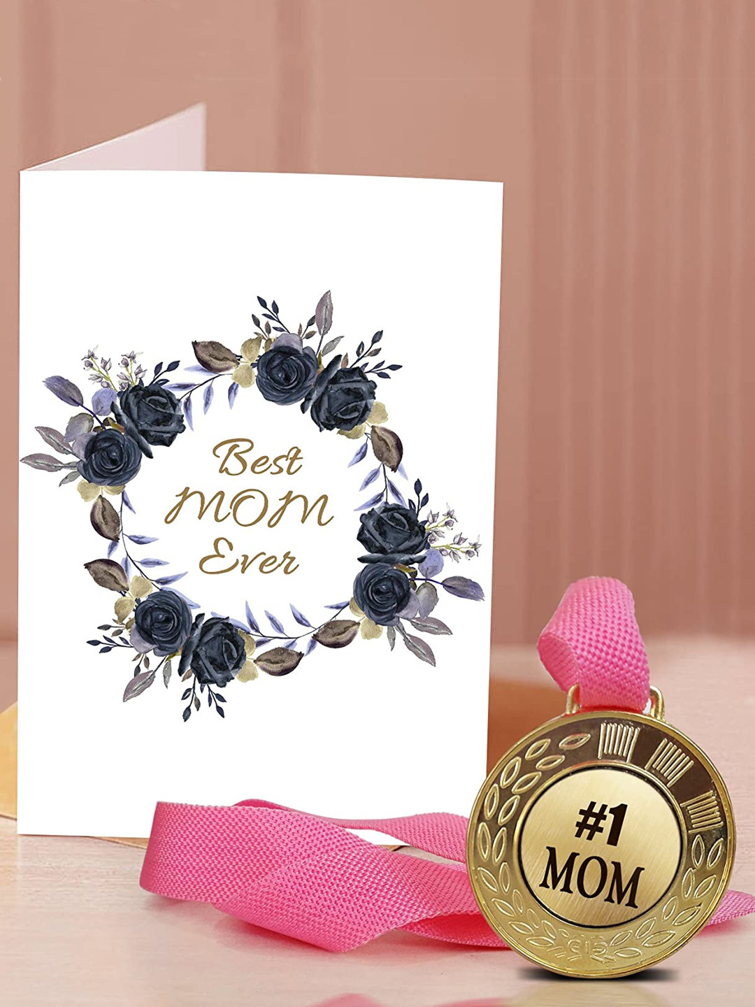TIED RIBBONS Gift for Mothers Day Gold-Toned & Pink Medal With Printed Greeting Card