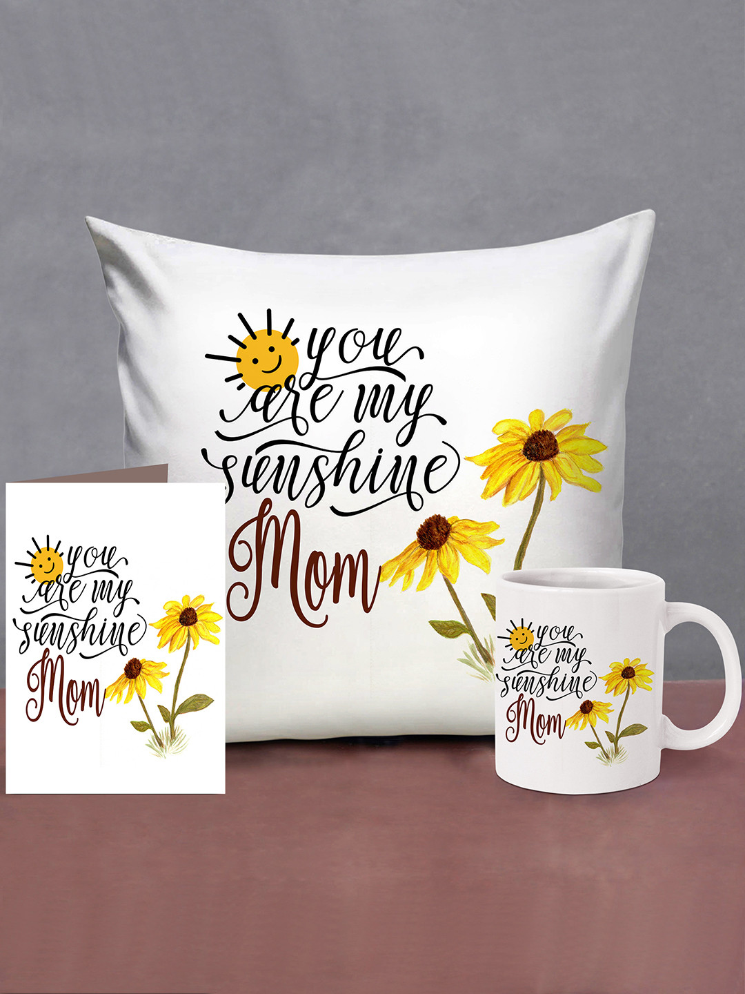 TIED RIBBONS Gift for Mom White Printed Cushion with Mug & Card
