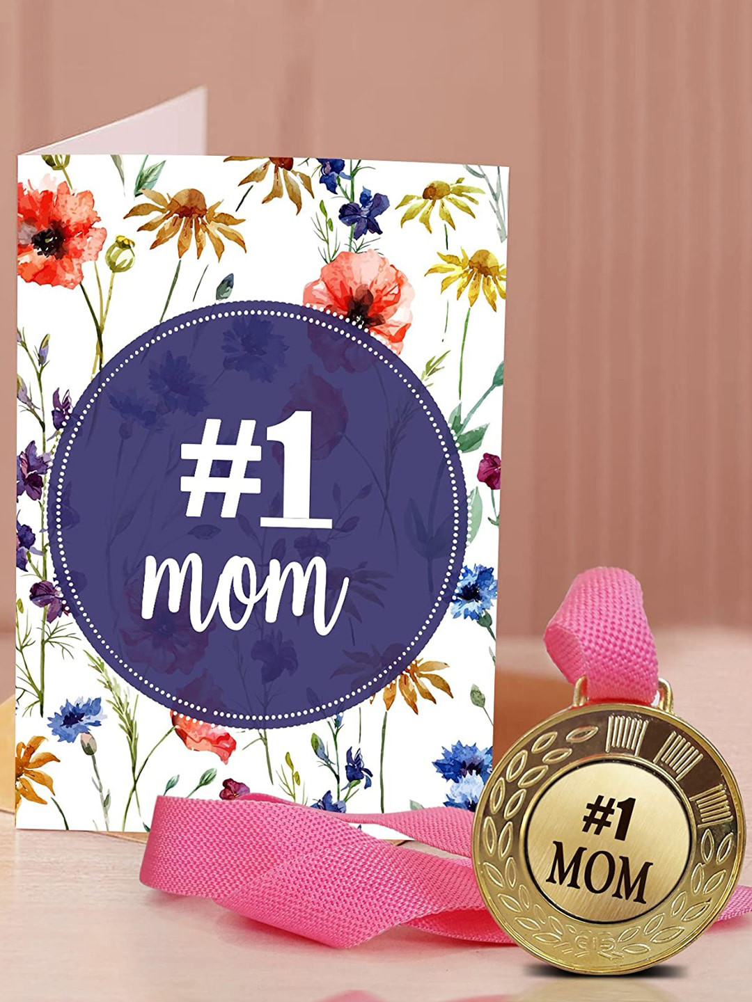 TIED RIBBONS Blue Printed Greeting Card with Medal Mothers Day Gift Set