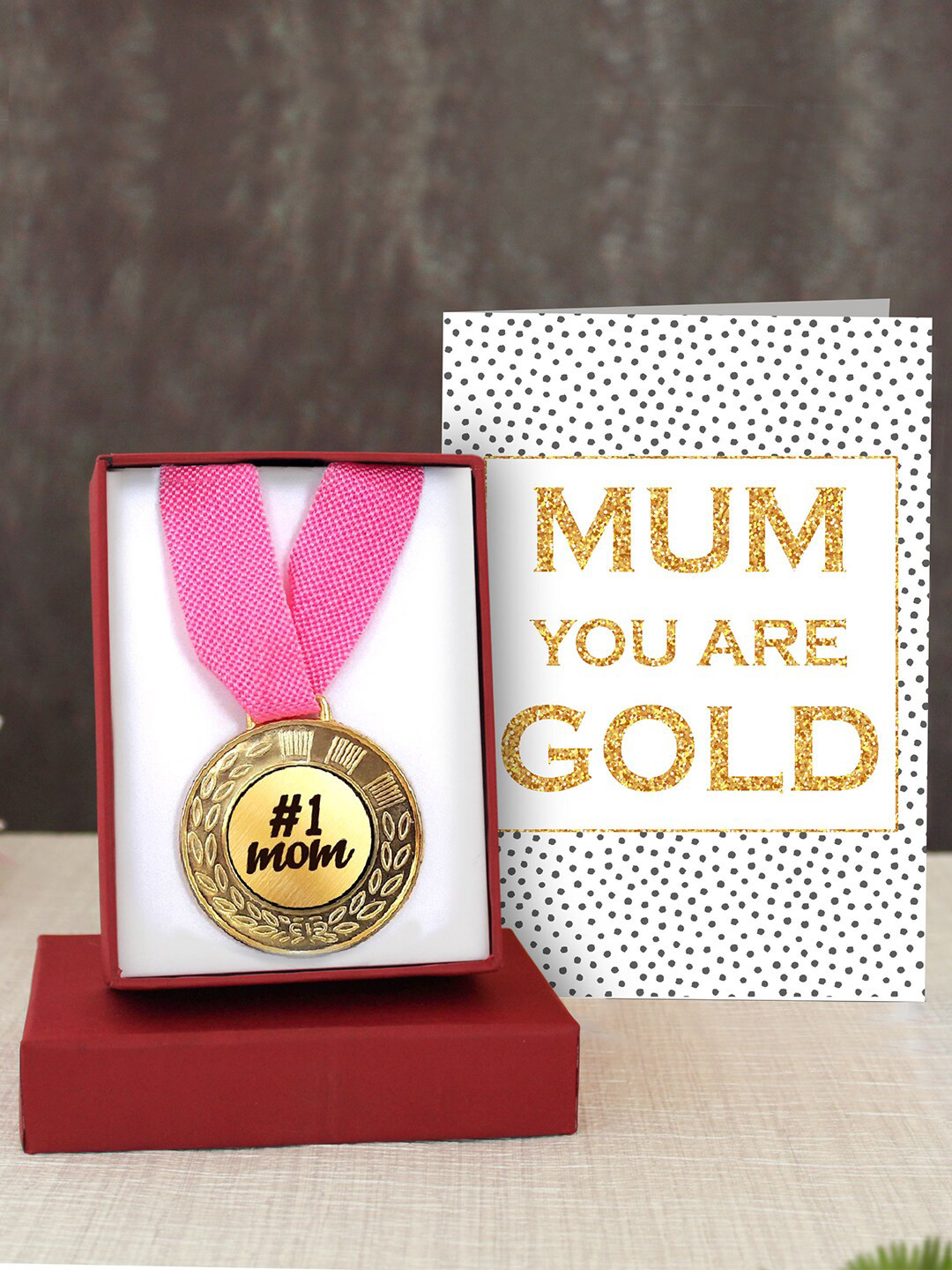 TIED RIBBONS Mothers Day Gift Gold-Toned Printed Greeting Card With Medal