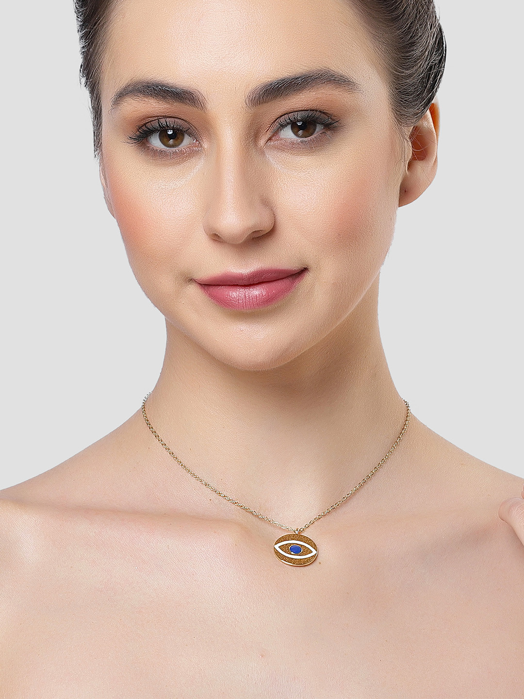 Bohey by KARATCART Gold-Plated Circular Shaped Evil Eye Alloy Pendant With Chain