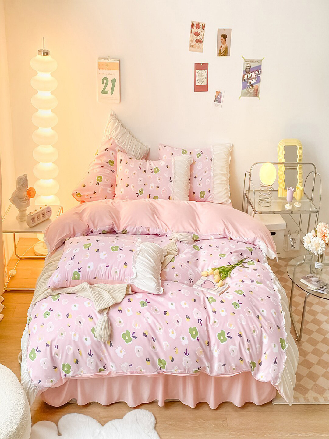 JC HOME Pink & White Floral Printed Double King Bedding Set