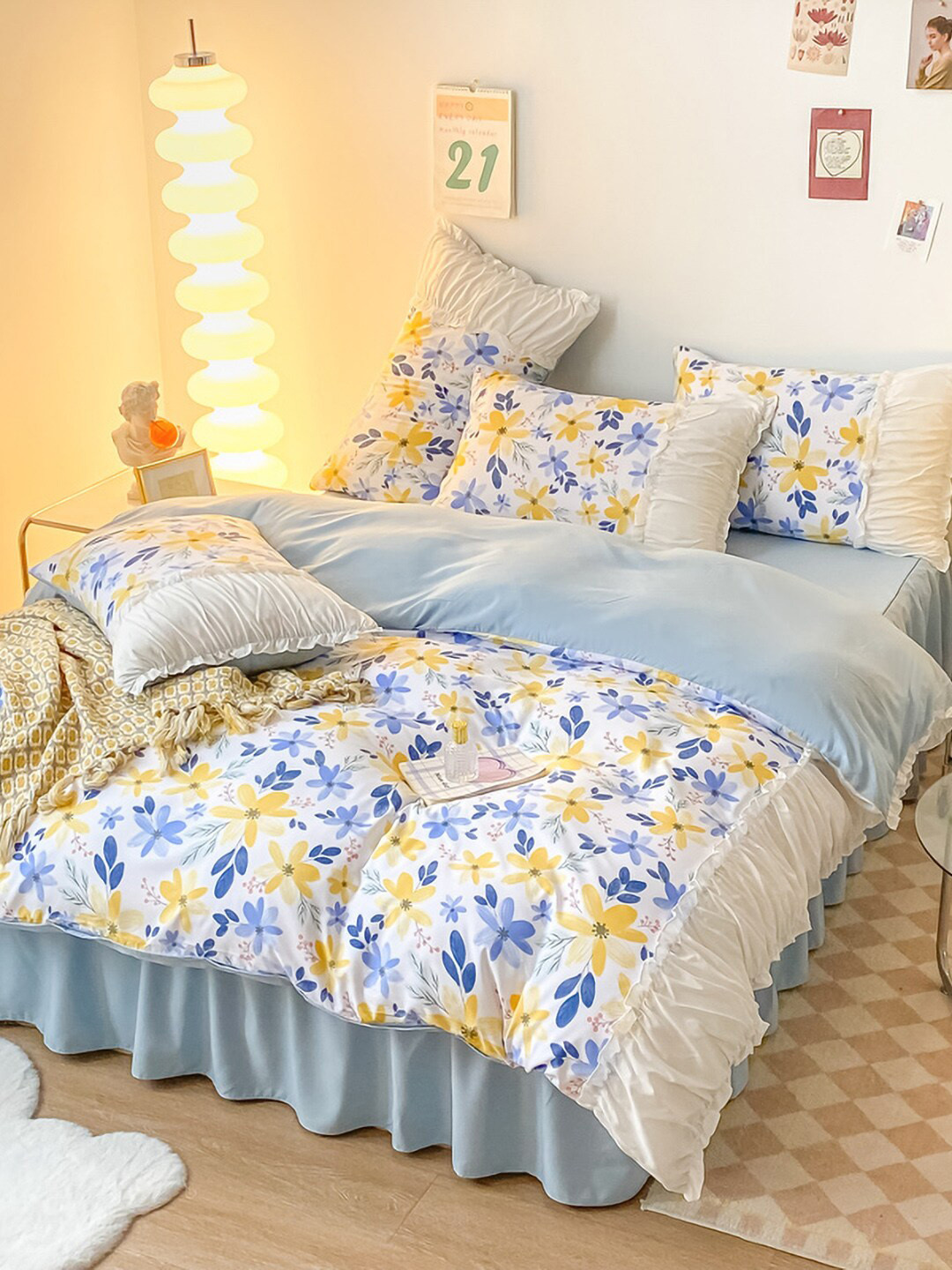 JC HOME Blue & White Printed Double Queen Bedding Set