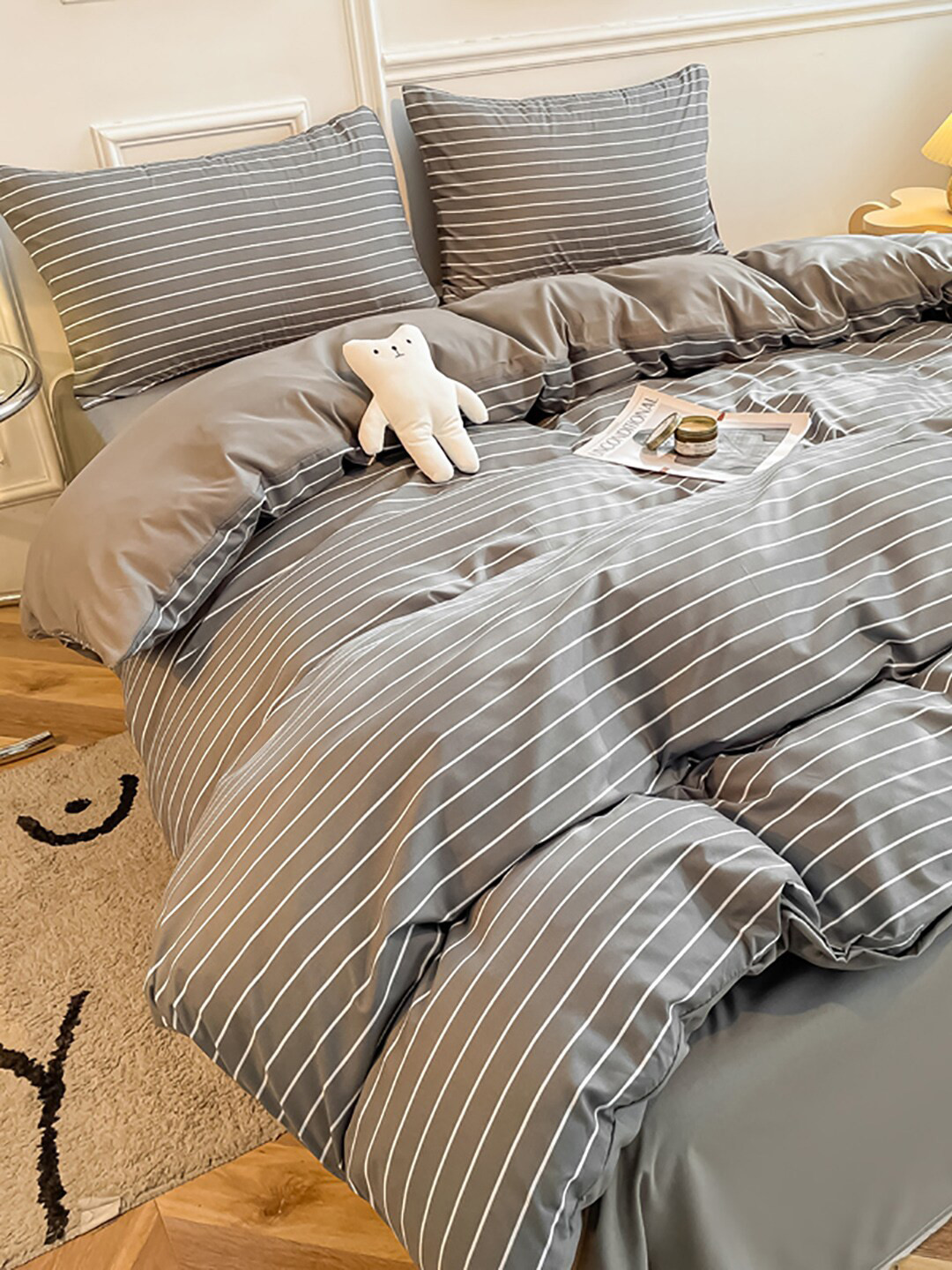 JC HOME Grey Striped Double King Bedding Set