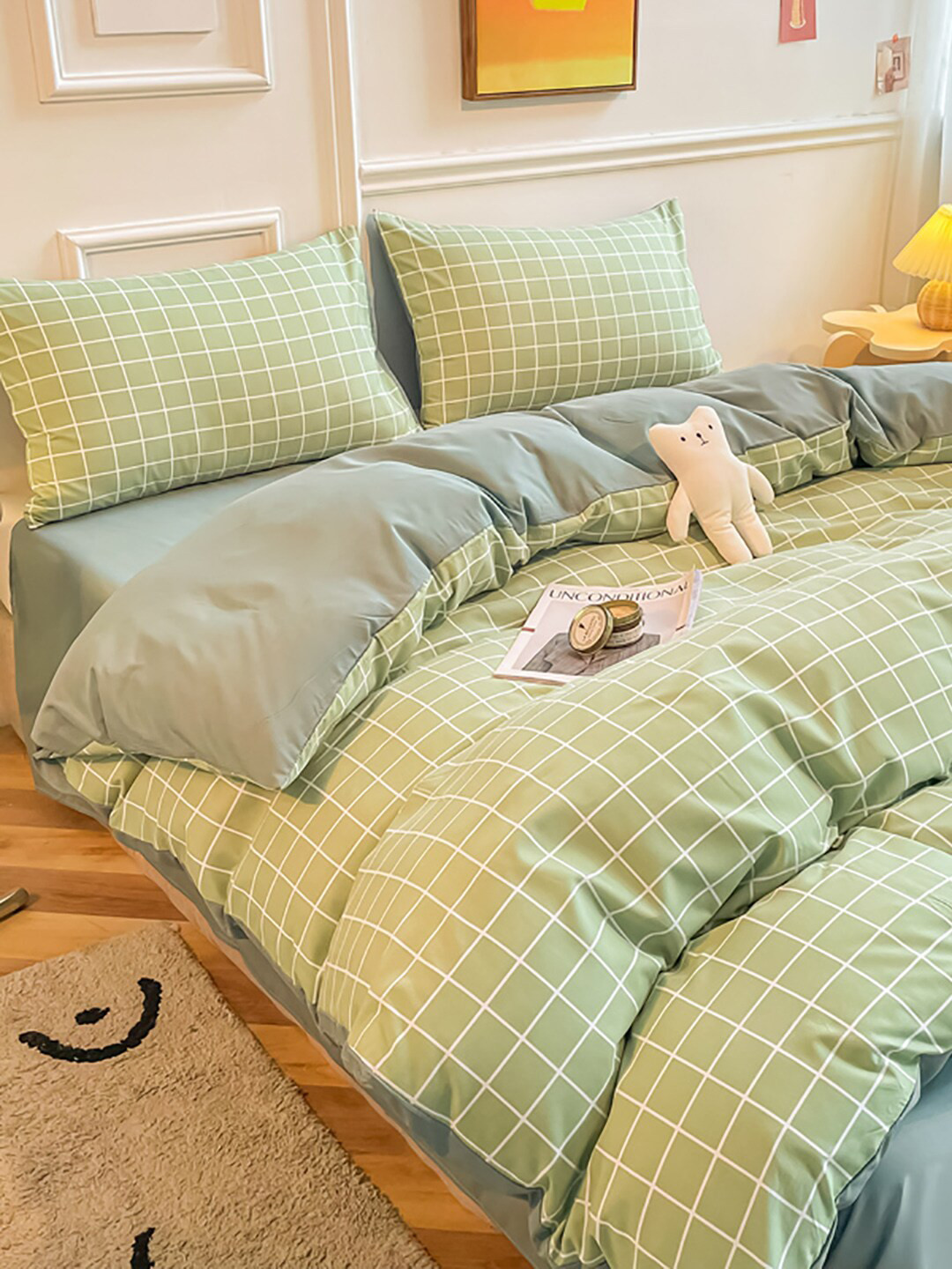 JC HOME Green Checked Double King Bedding Set