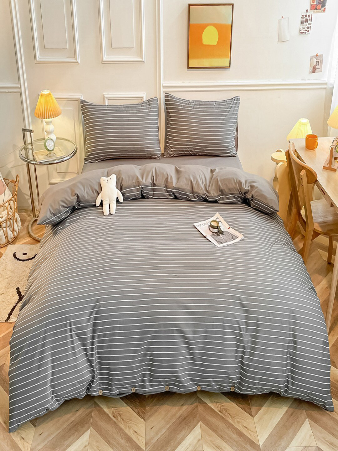 JC HOME Grey & White Striped Patterned Single Size Bedding Set