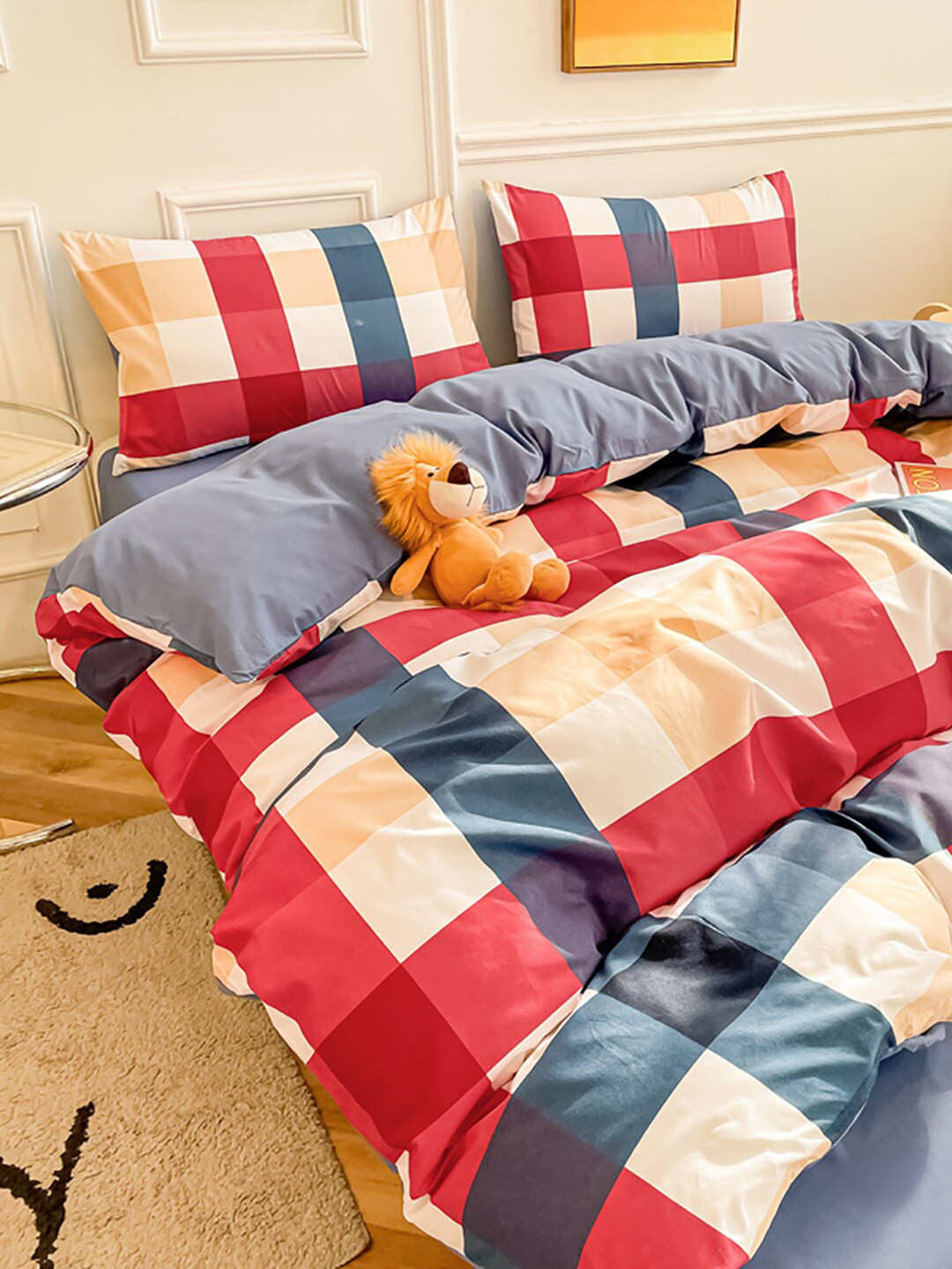 JC HOME 4-Pcs Blue & Red Checked Double Queen Bedding Set