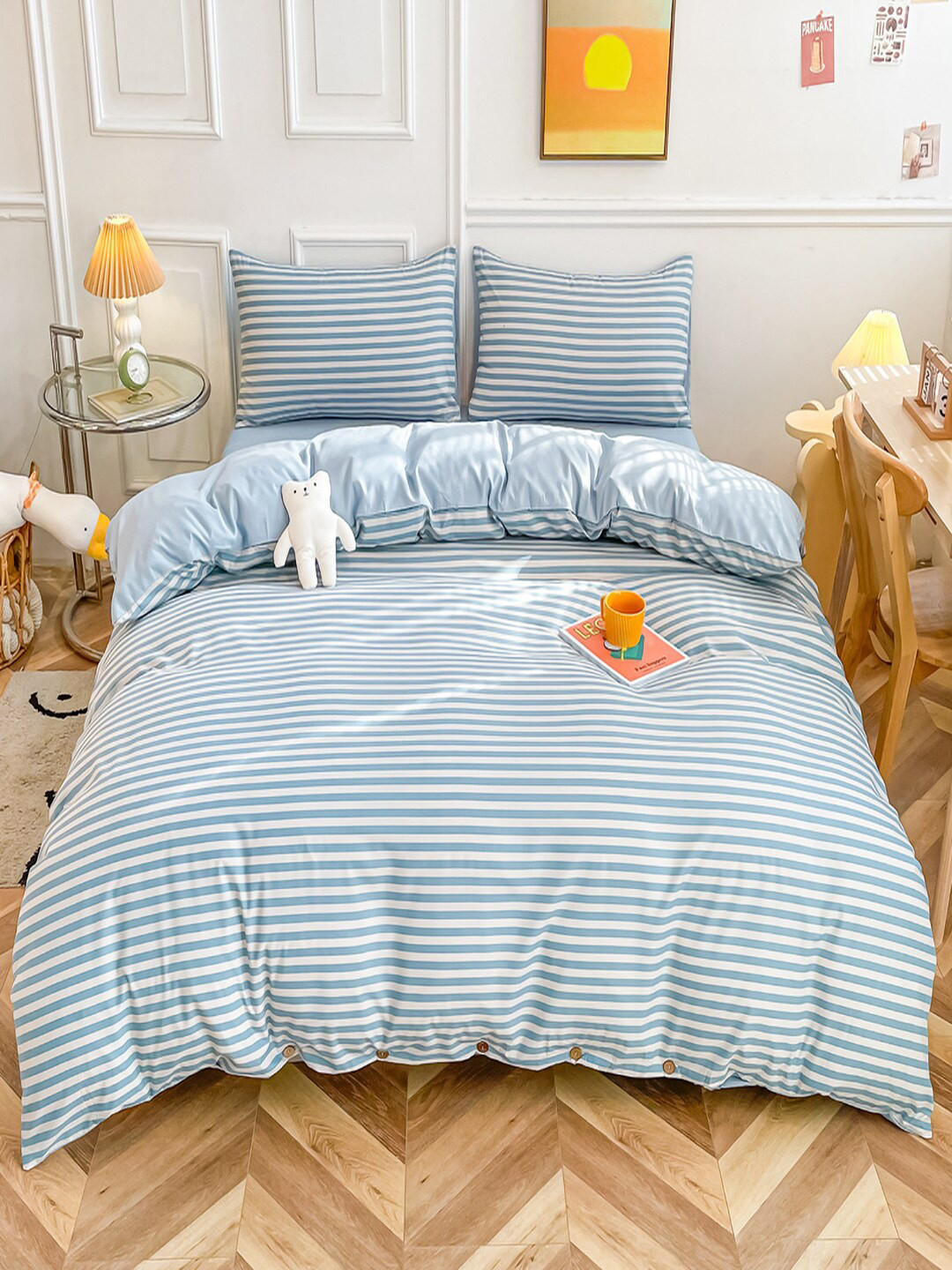 JC HOME Blue & White Striped Double Queen Bedding Set