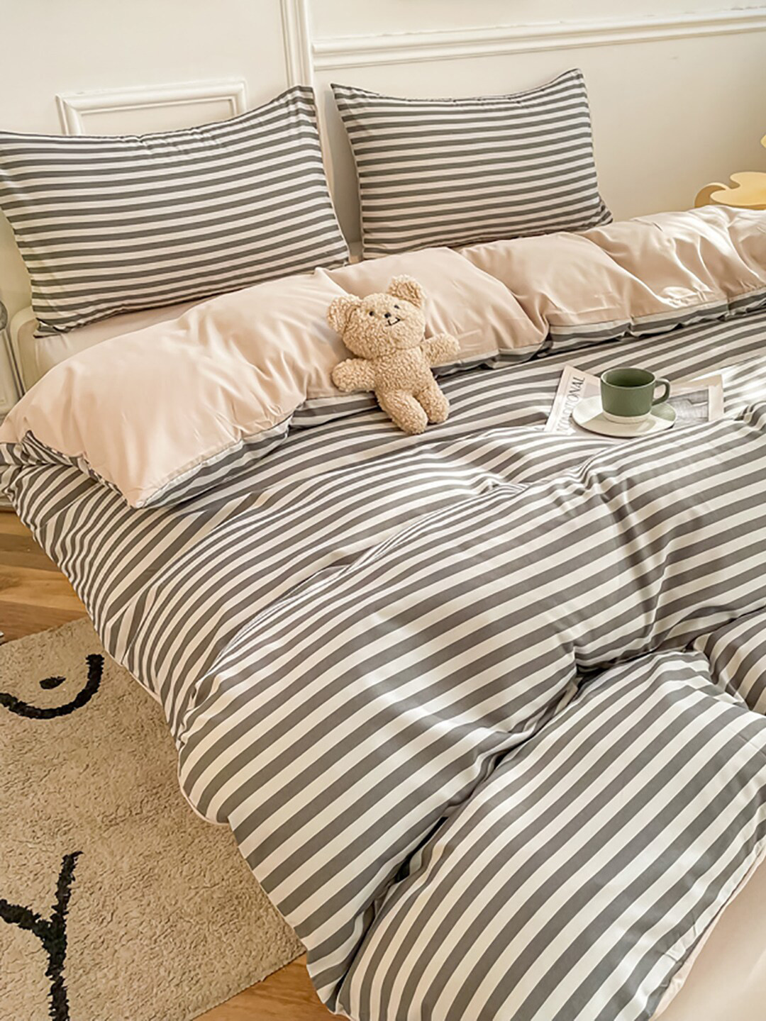 JC HOME Grey & Peach Colored Striped Single Bedding Set