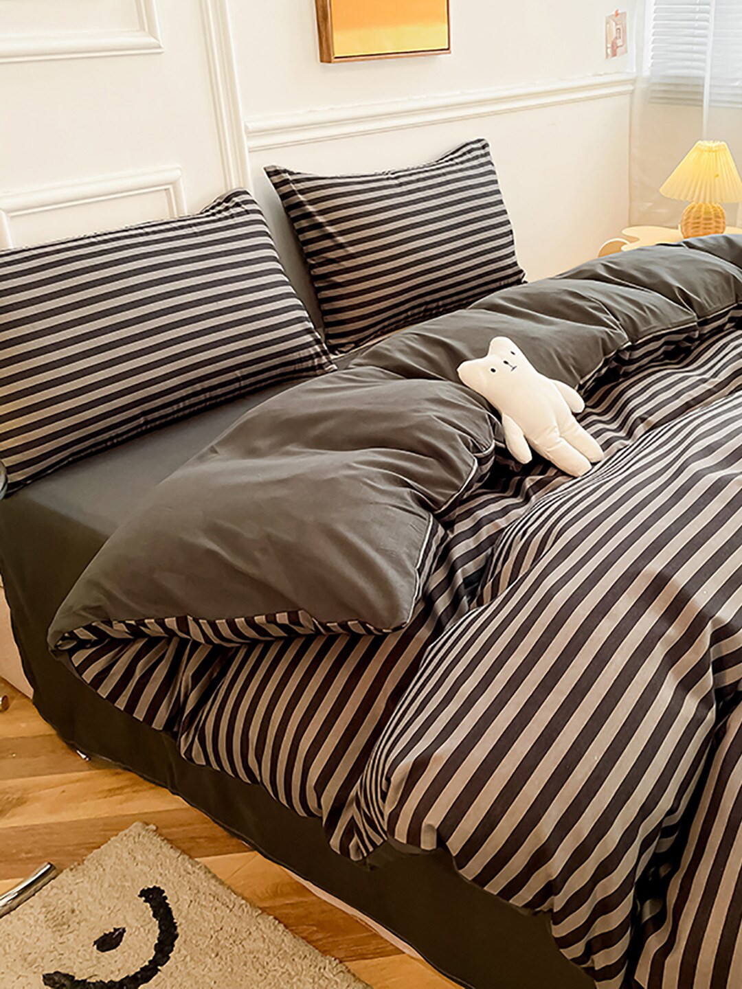 JC HOME Black & Grey Striped Double Queen Bedding Set