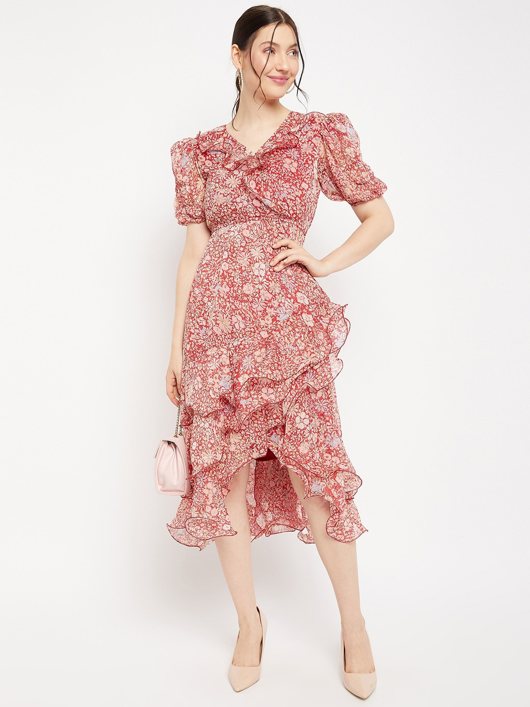 Antheaa V-Neck Floral Printed Layered Tulip Hem Chiffon A-Line Midi Dress