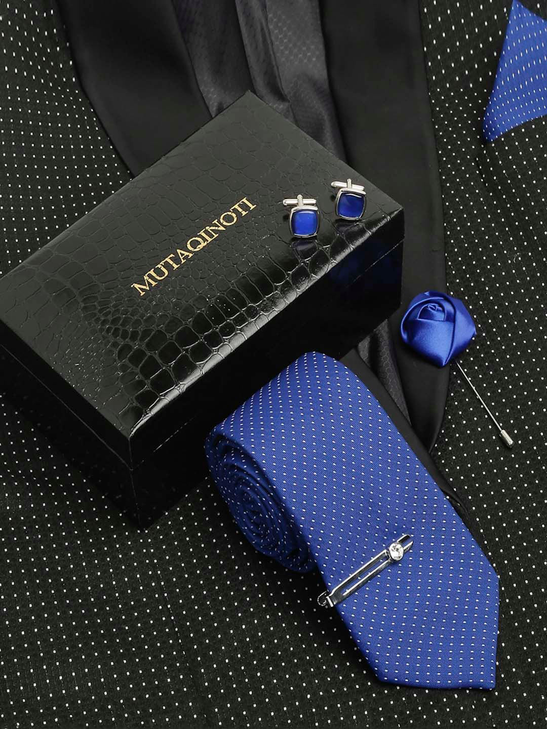 MUTAQINOTI Men Bright Blue Silk Necktie Accessory Gift Set